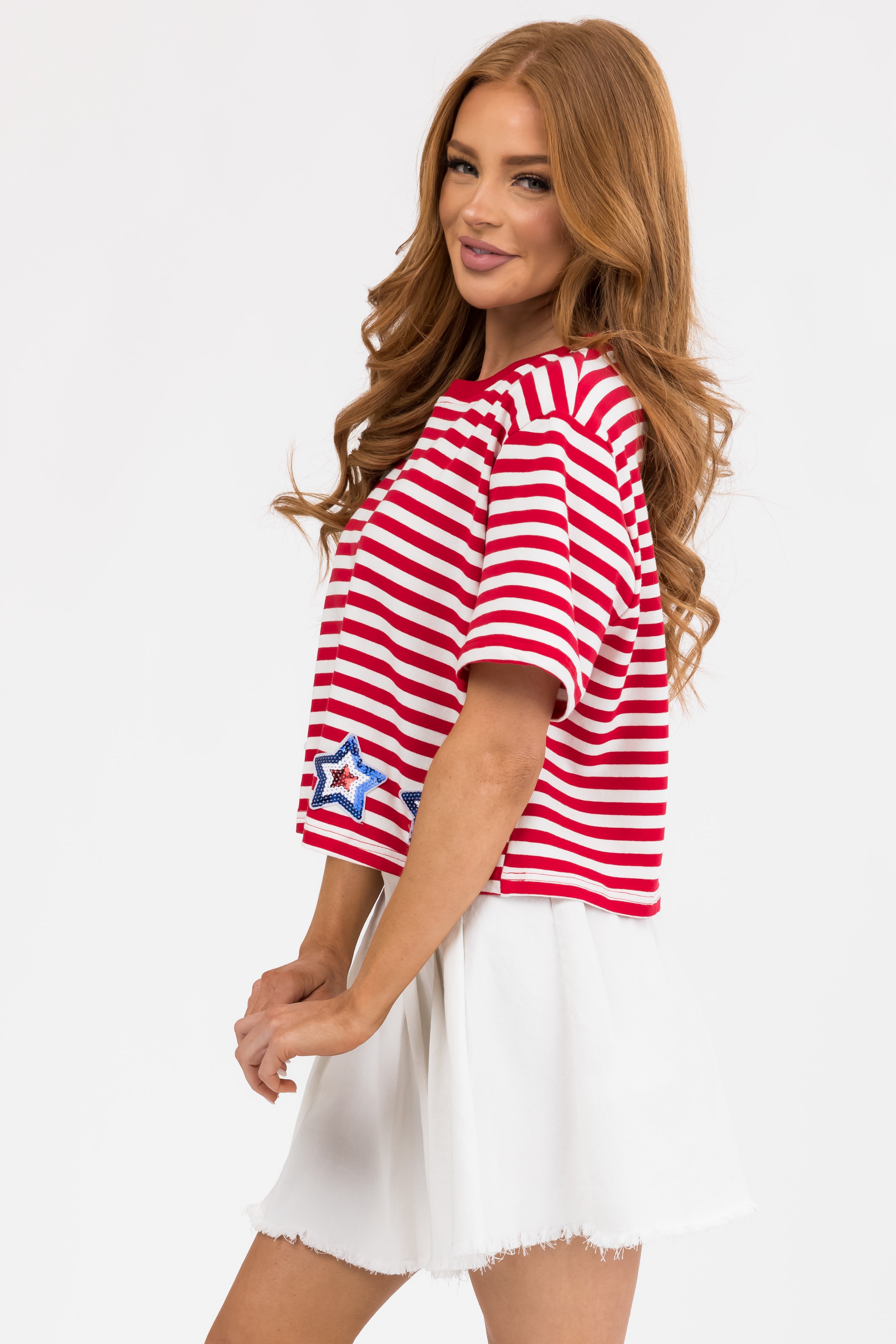 Lipstick and Ivory Stars and Stripes Print Top-Newayad