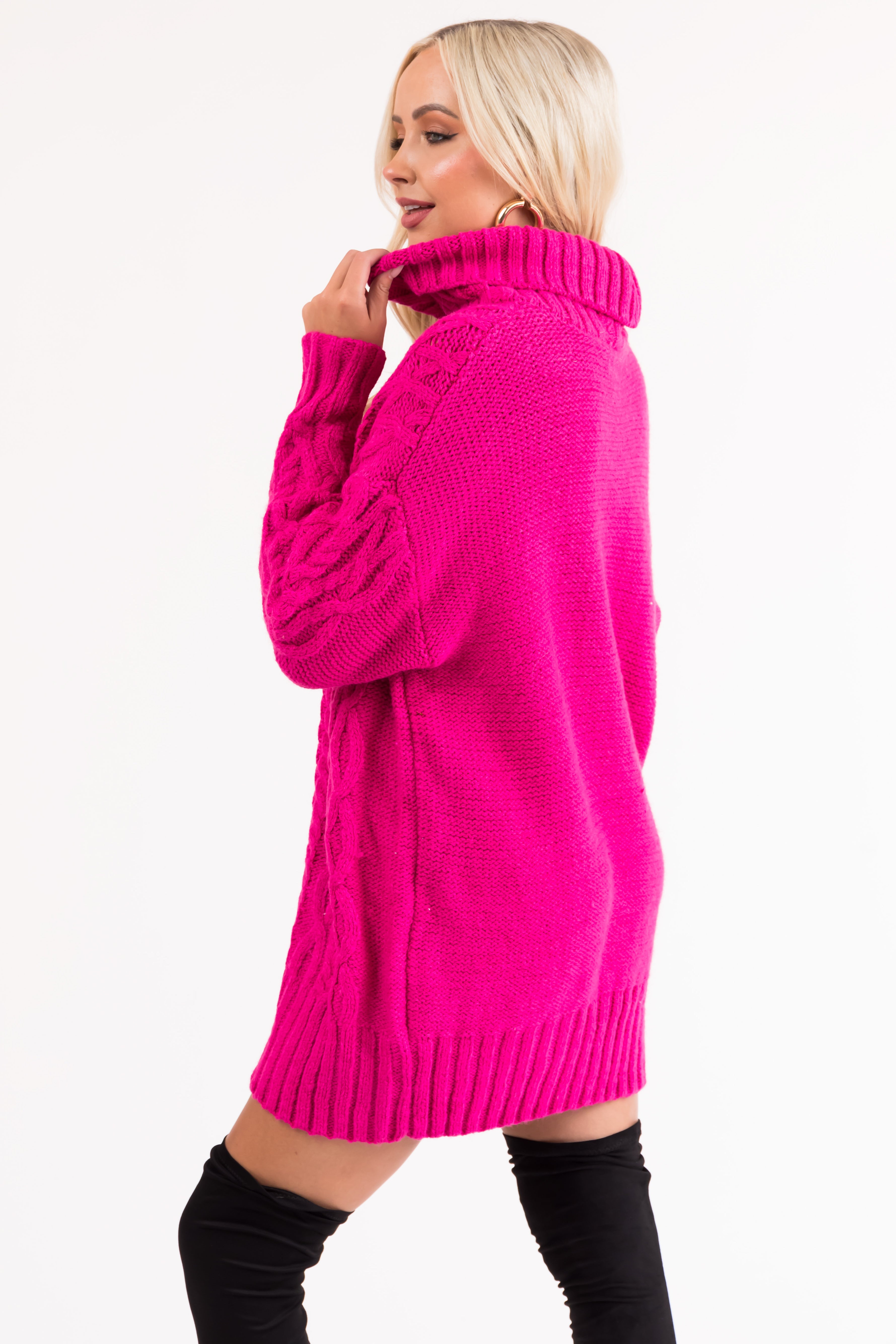 Magenta Cable Knit Turtleneck Sweater Dress-Newayad