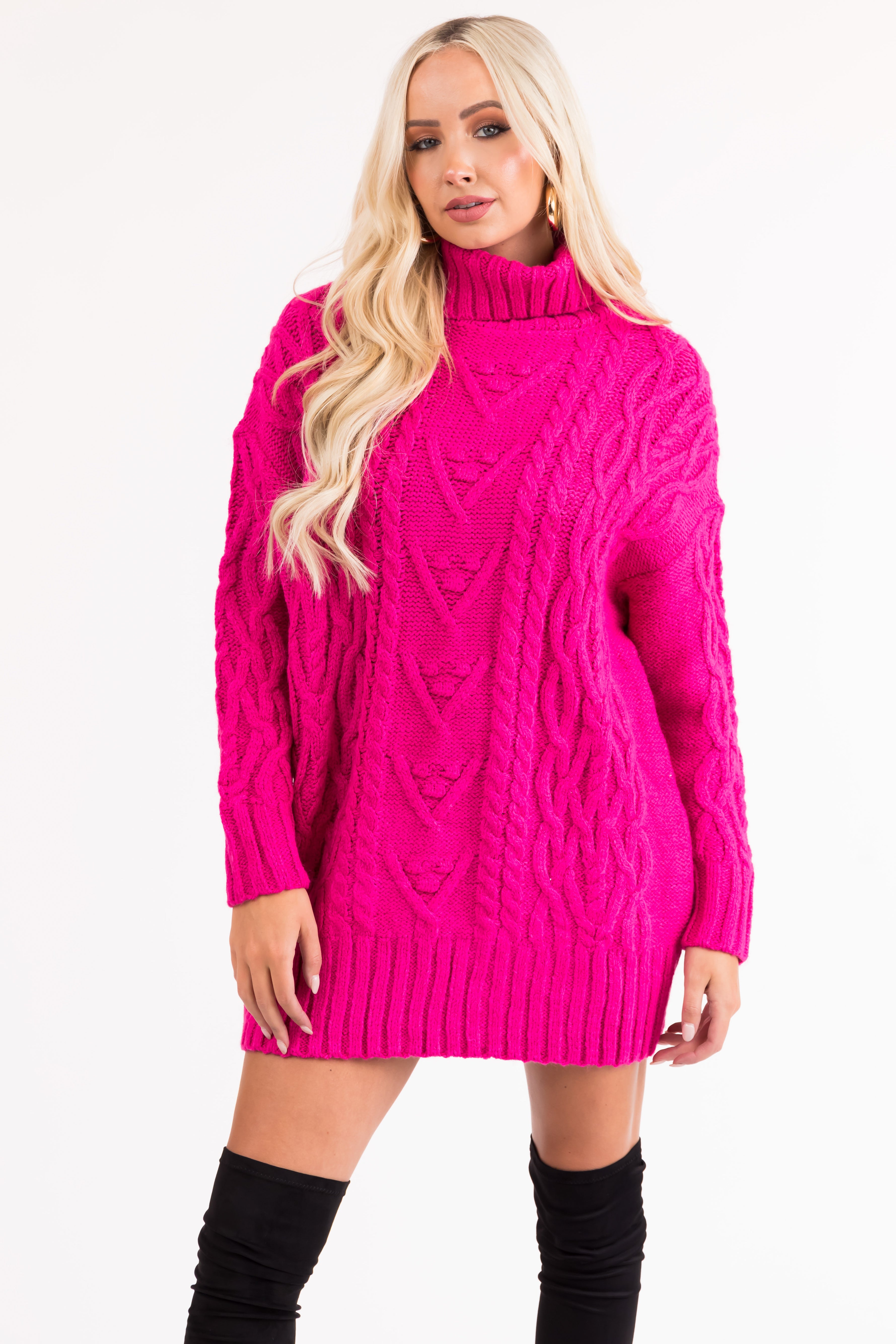 Magenta Cable Knit Turtleneck Sweater Dress-Newayad
