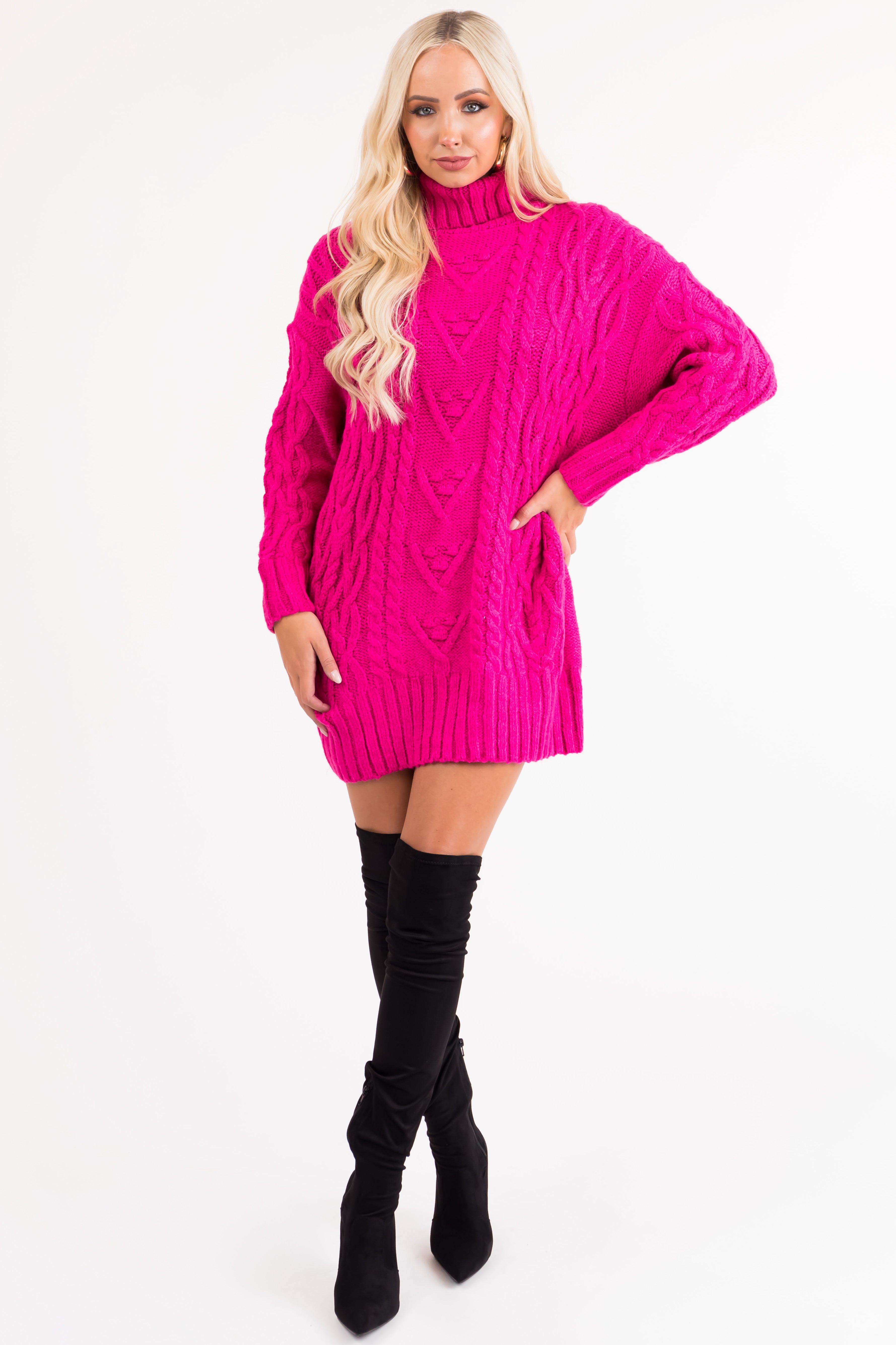 Magenta Cable Knit Turtleneck Sweater Dress-Newayad