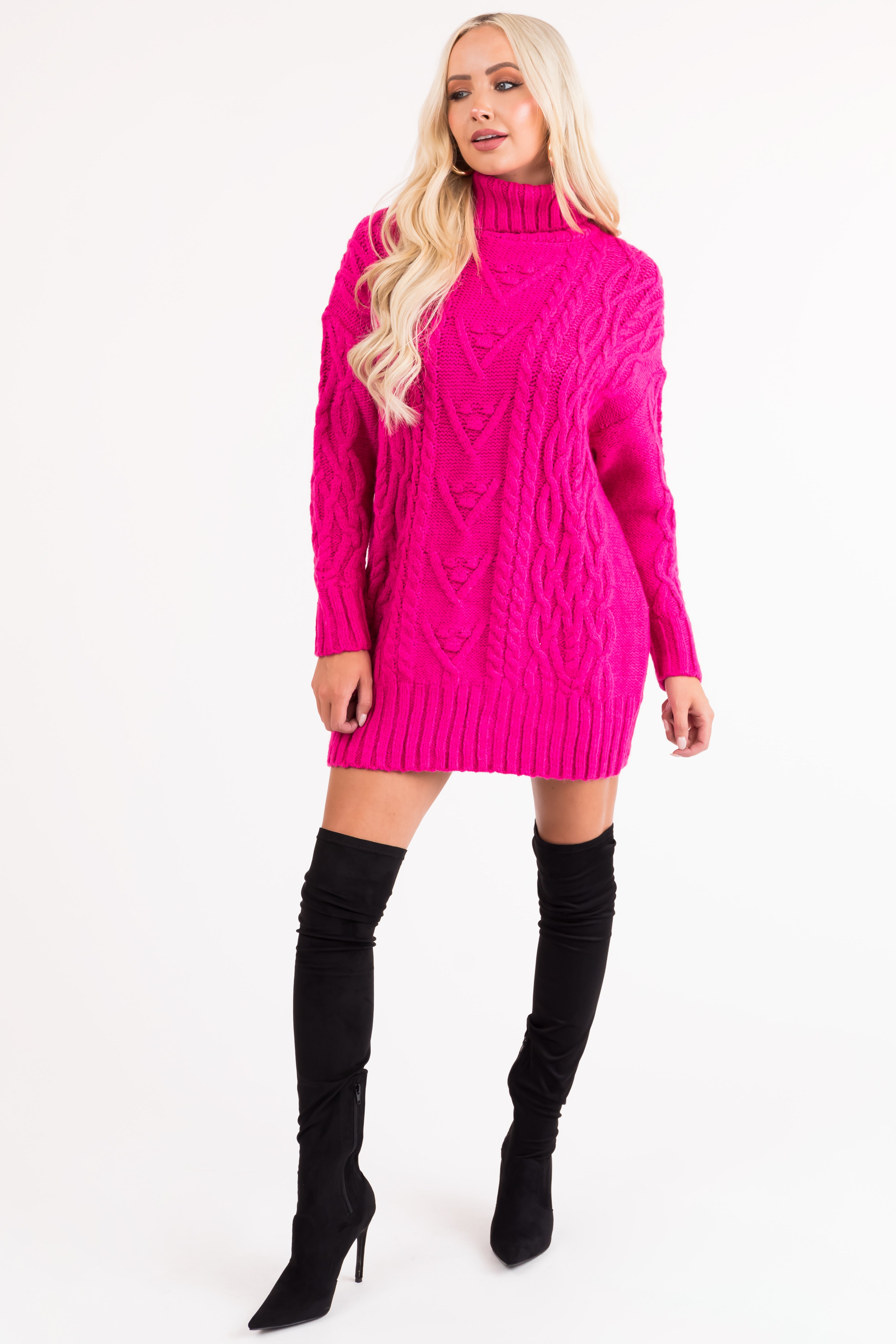 Magenta Cable Knit Turtleneck Sweater Dress-Newayad