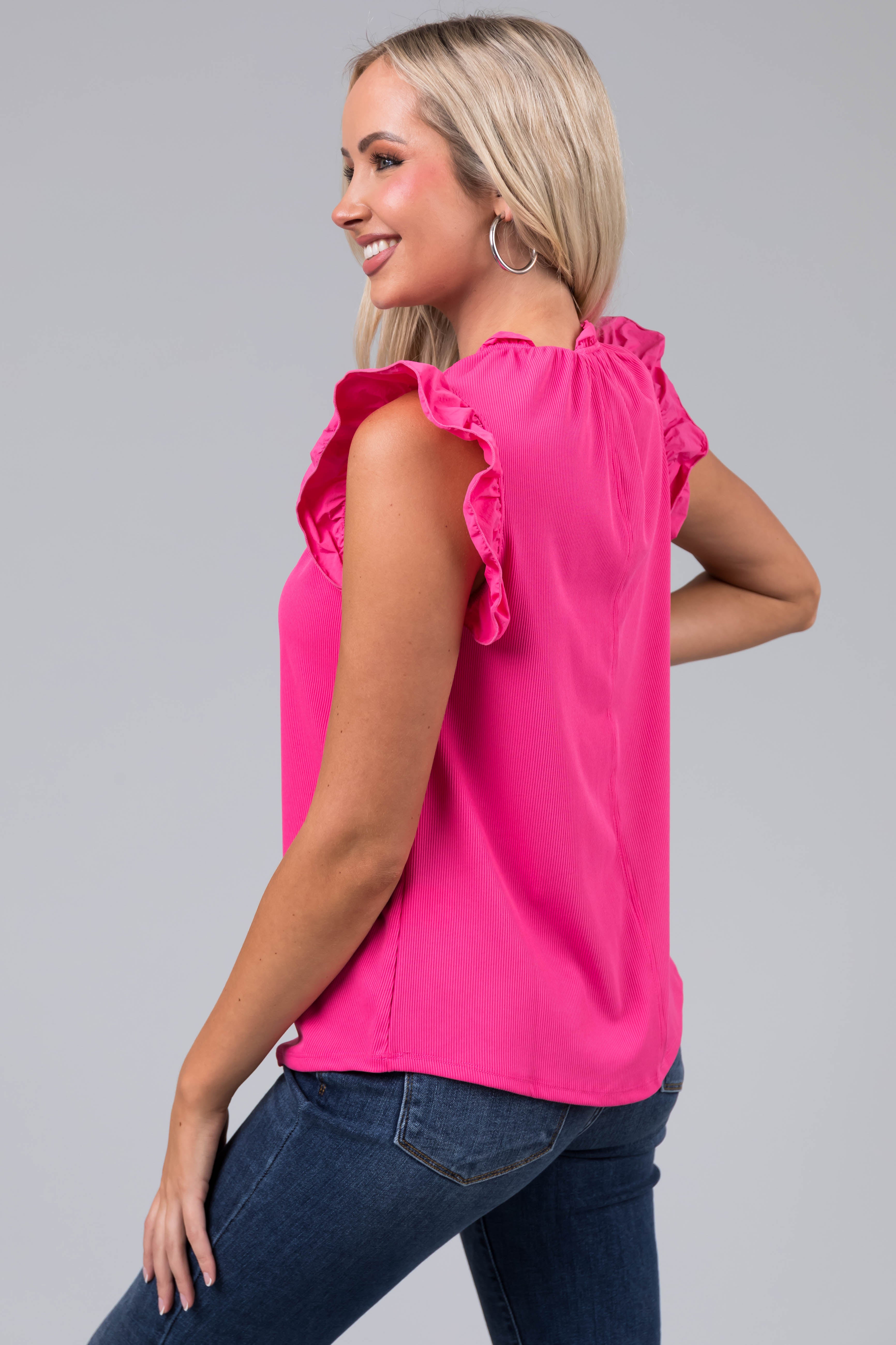 Magenta Frill Trim Contrast Ribbed Knit Top-Newayad