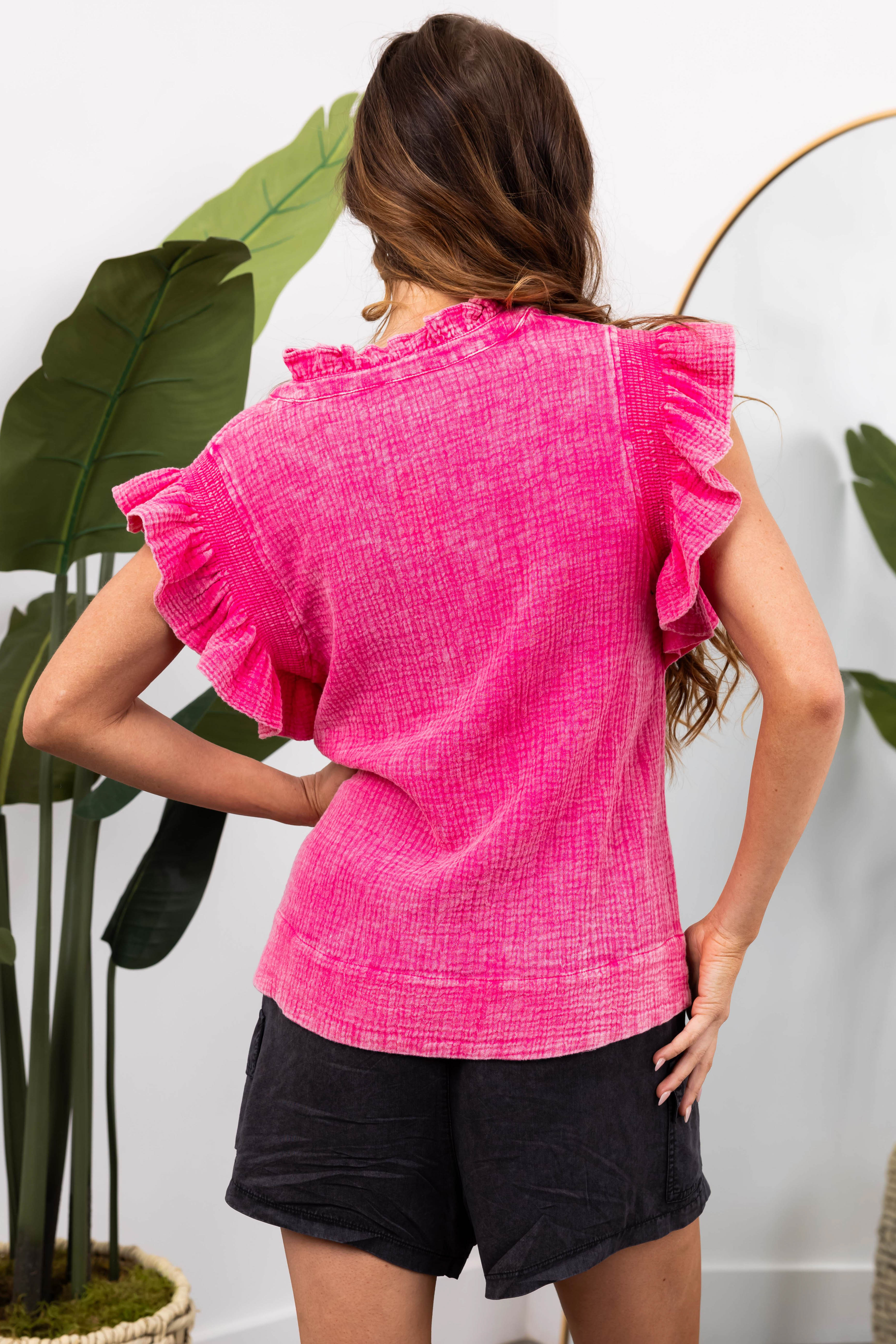 Magenta Gauze Texture Ruffle Sleeve Top-Newayad