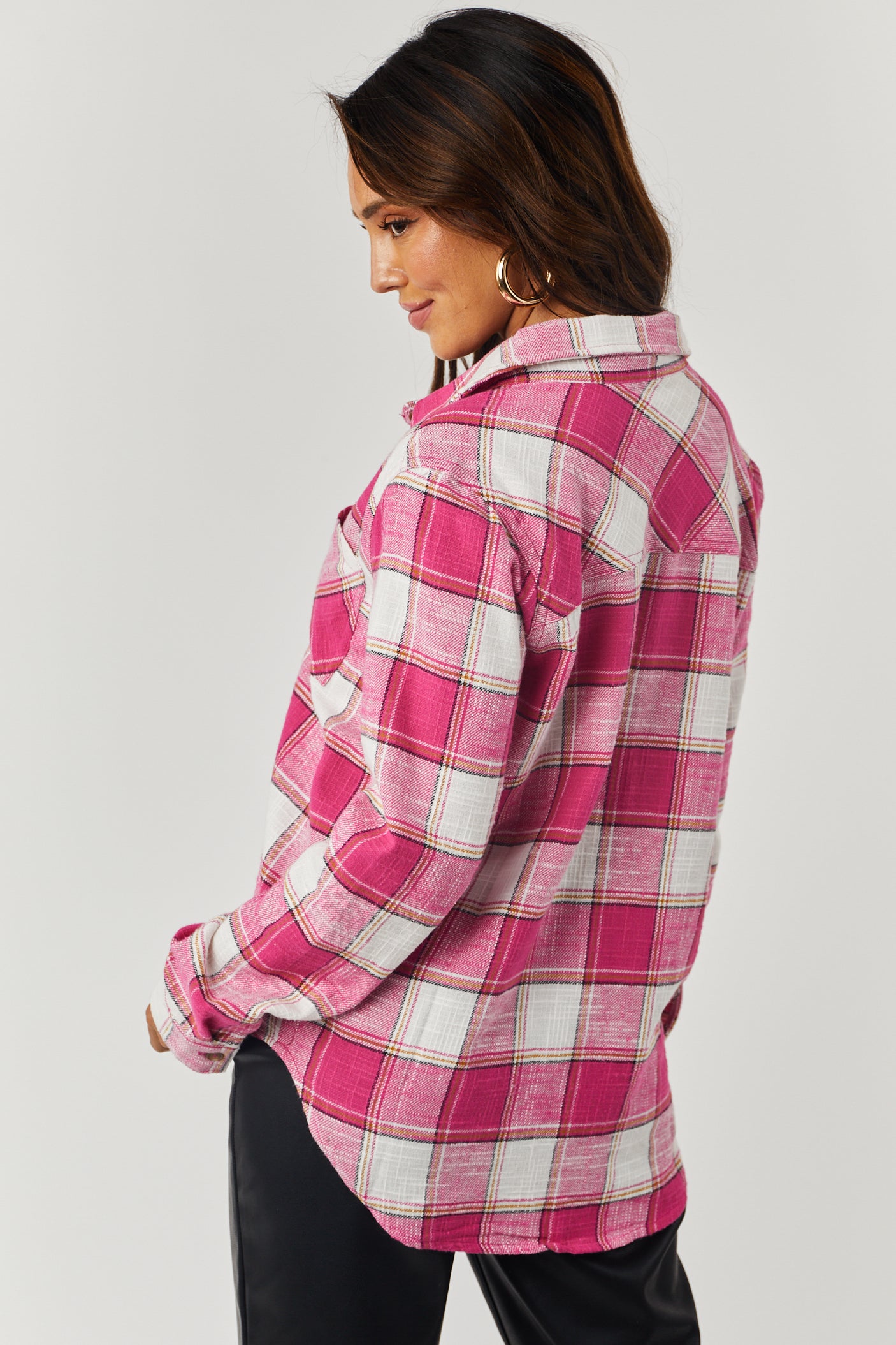 Magenta Plaid Cotton Lightweight Shirt Jacket-Newayad