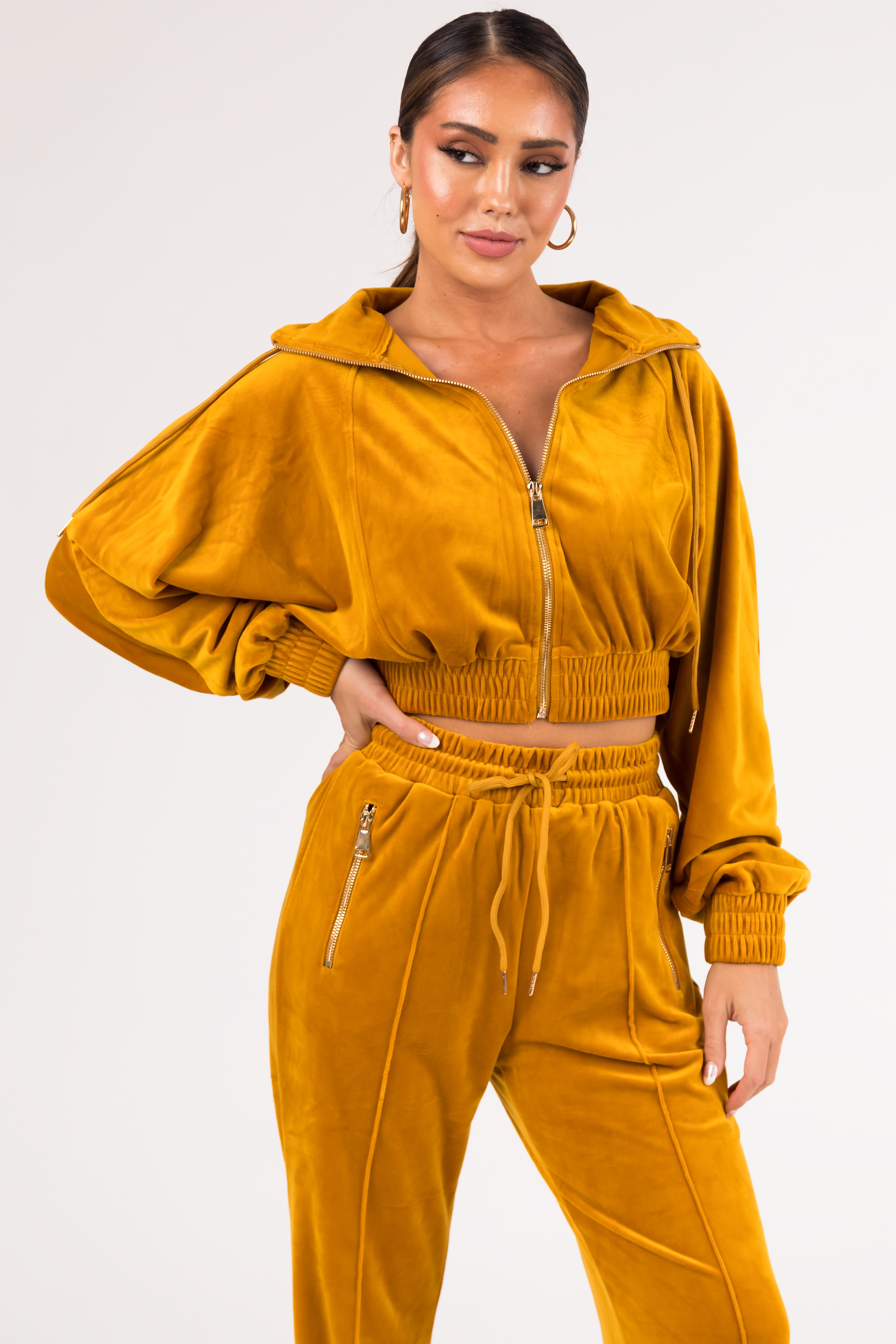Marigold Velour Zip Up Jacket and Joggers Set-Newayad