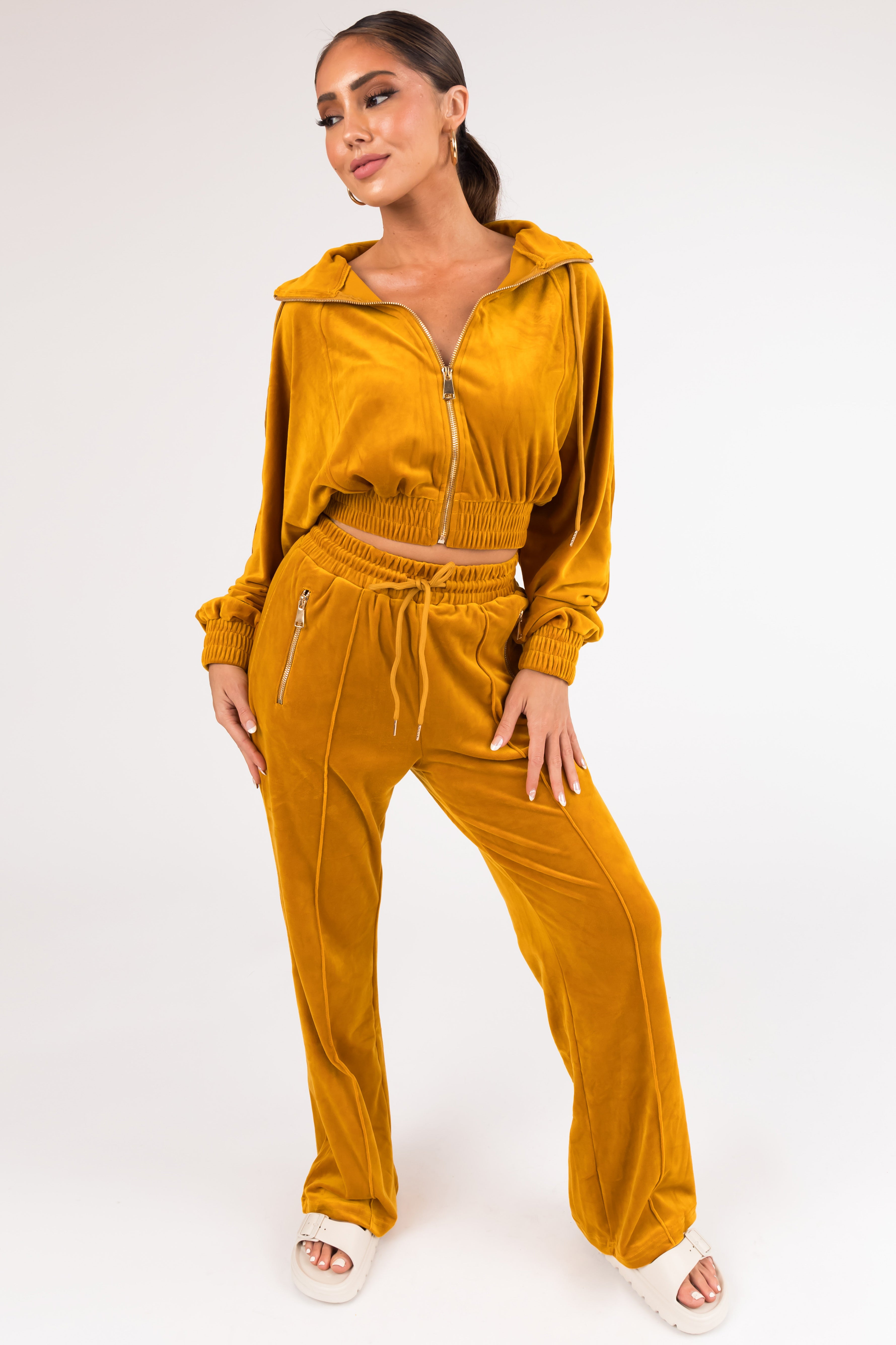 Marigold Velour Zip Up Jacket and Joggers Set-Newayad