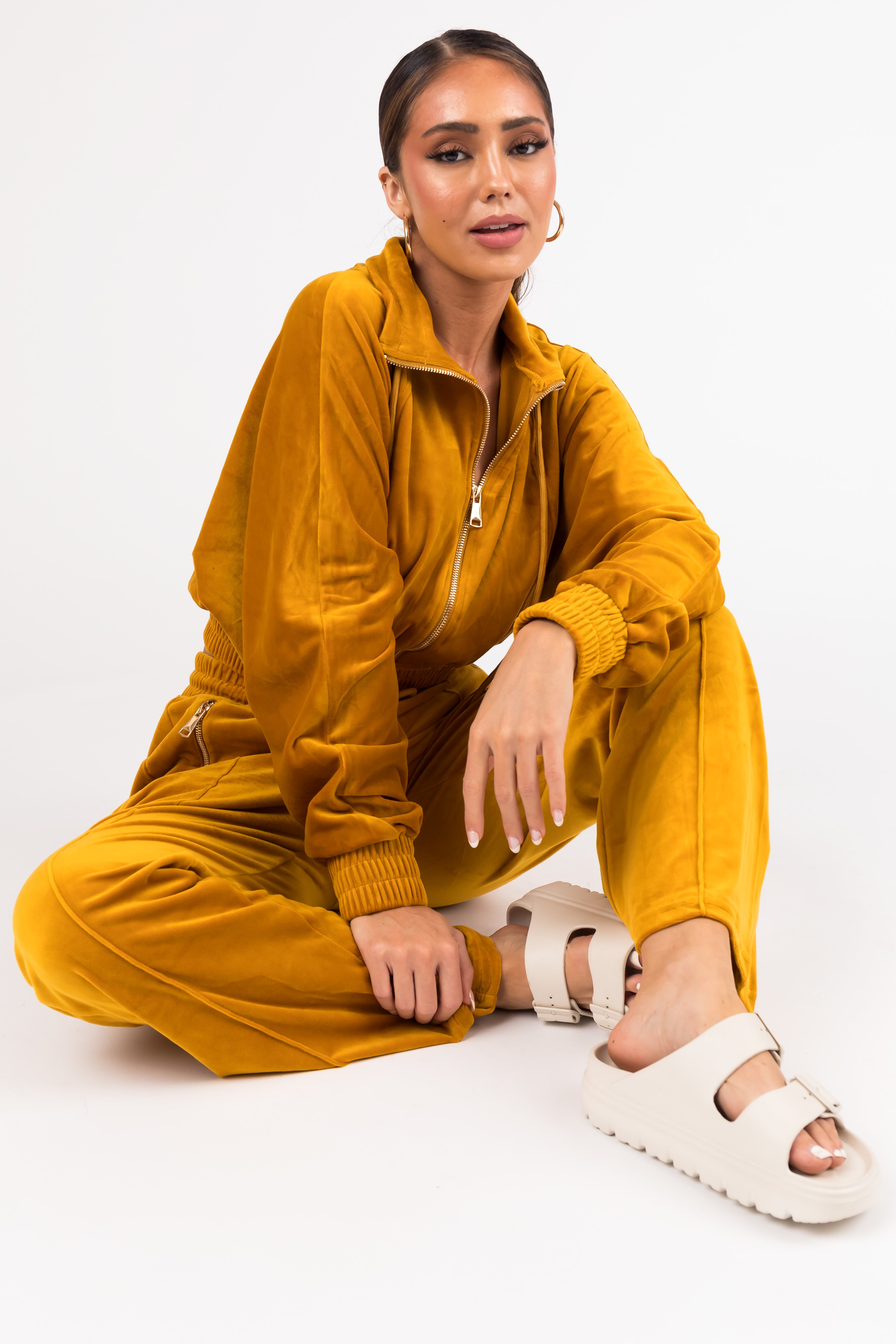 Marigold Velour Zip Up Jacket and Joggers Set-Newayad