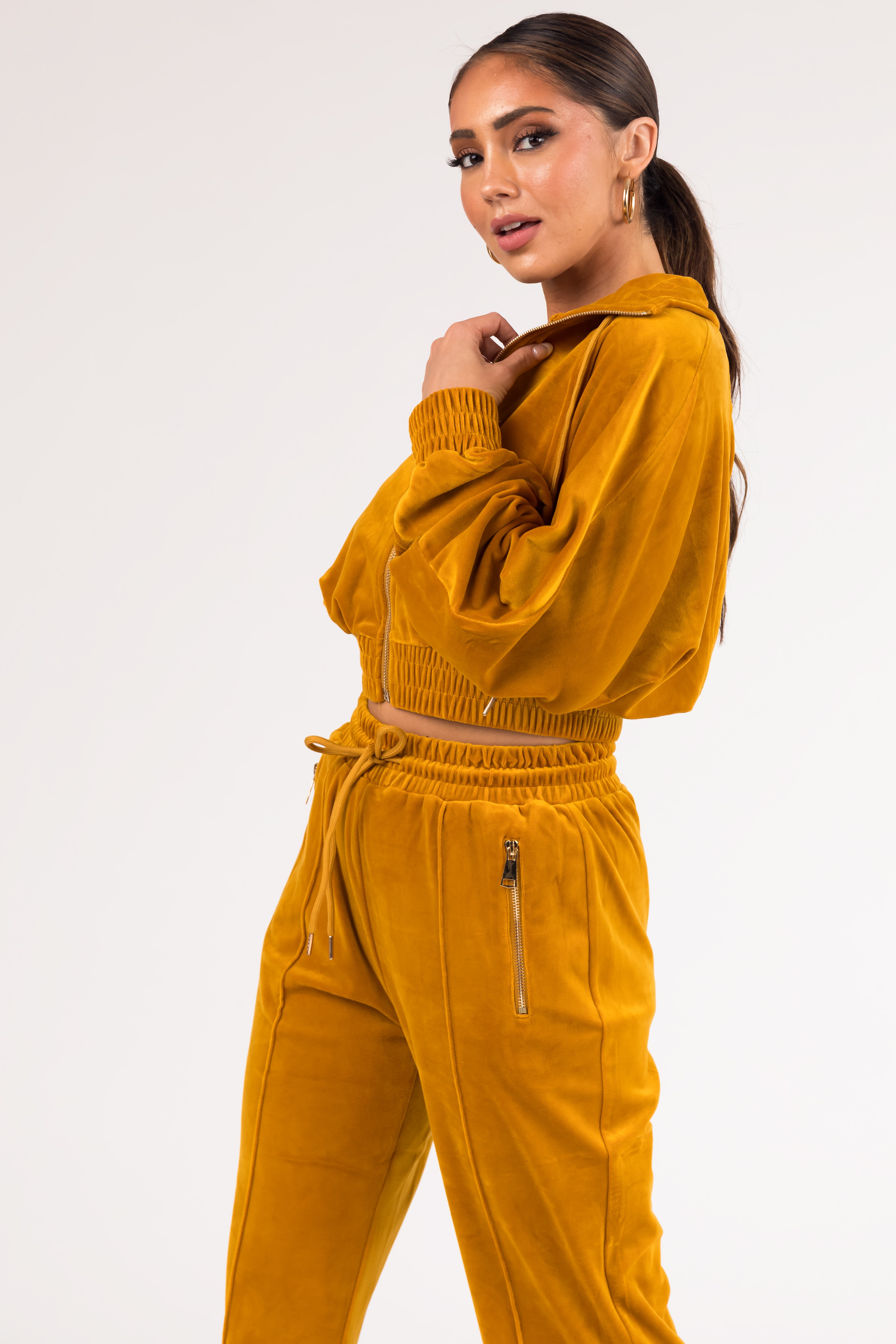 Marigold Velour Zip Up Jacket and Joggers Set-Newayad