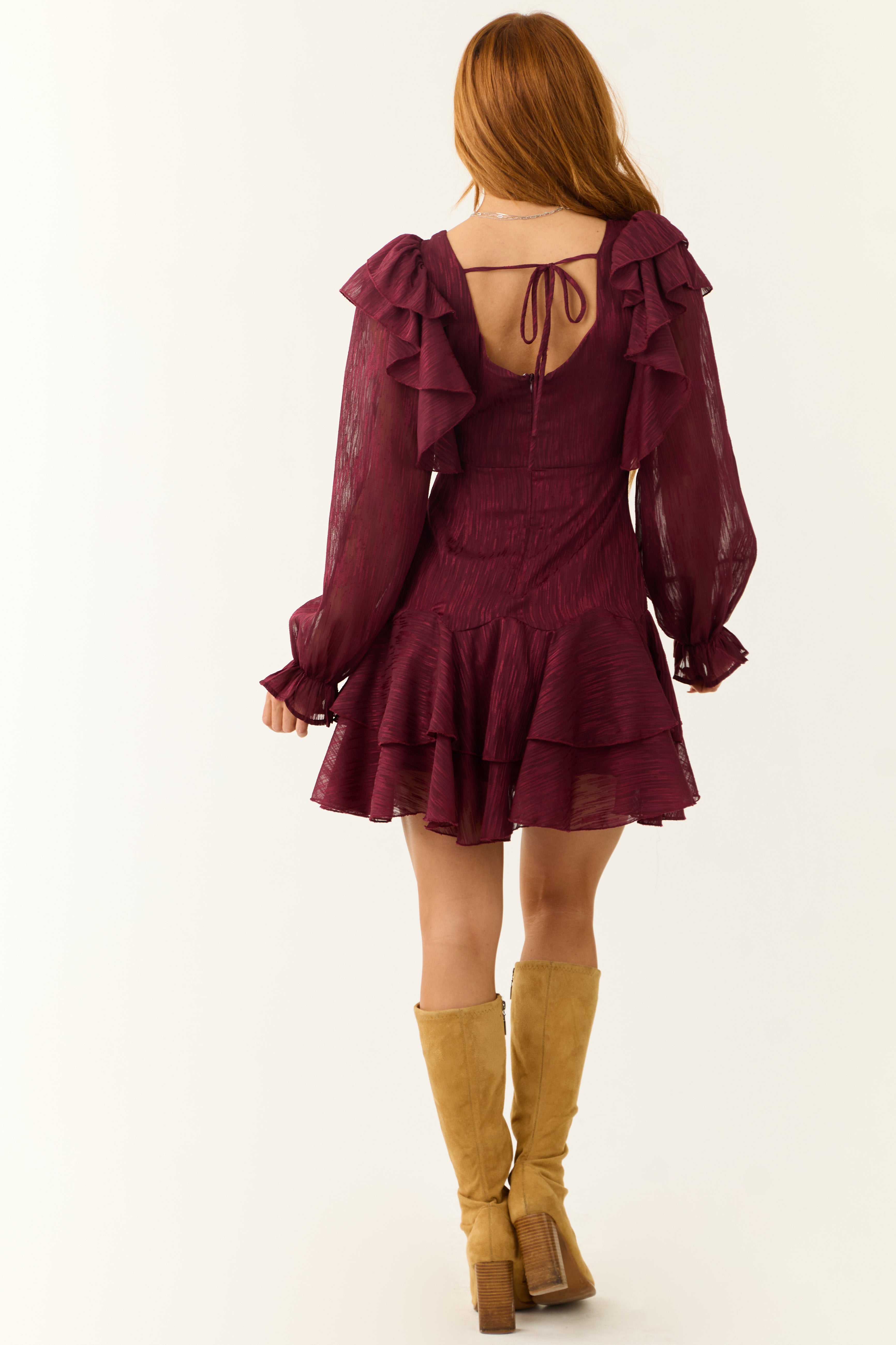 Maroon Sweetheart Neck Long Sleeve Short Dress-Newayad