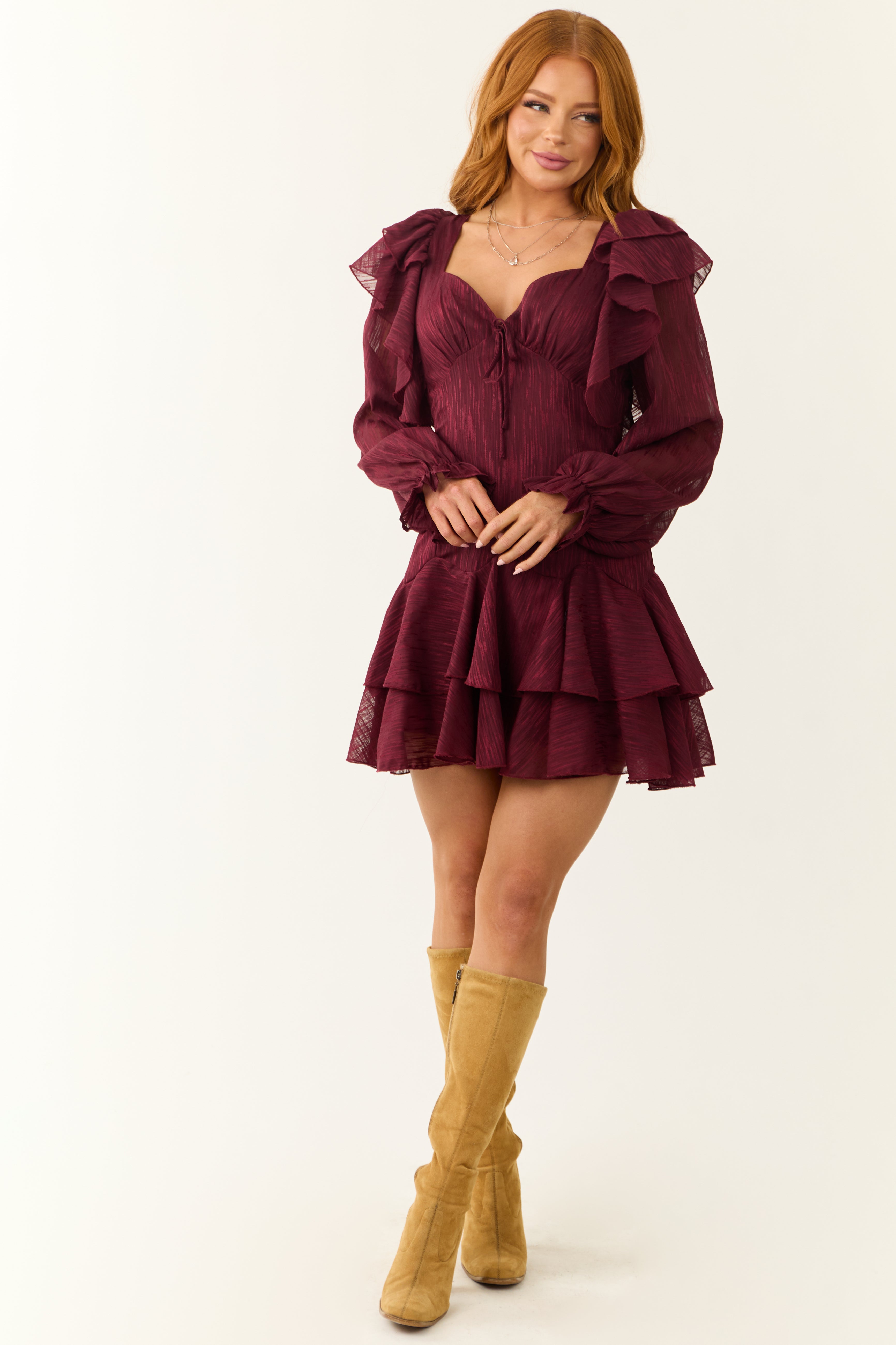 Maroon Sweetheart Neck Long Sleeve Short Dress-Newayad