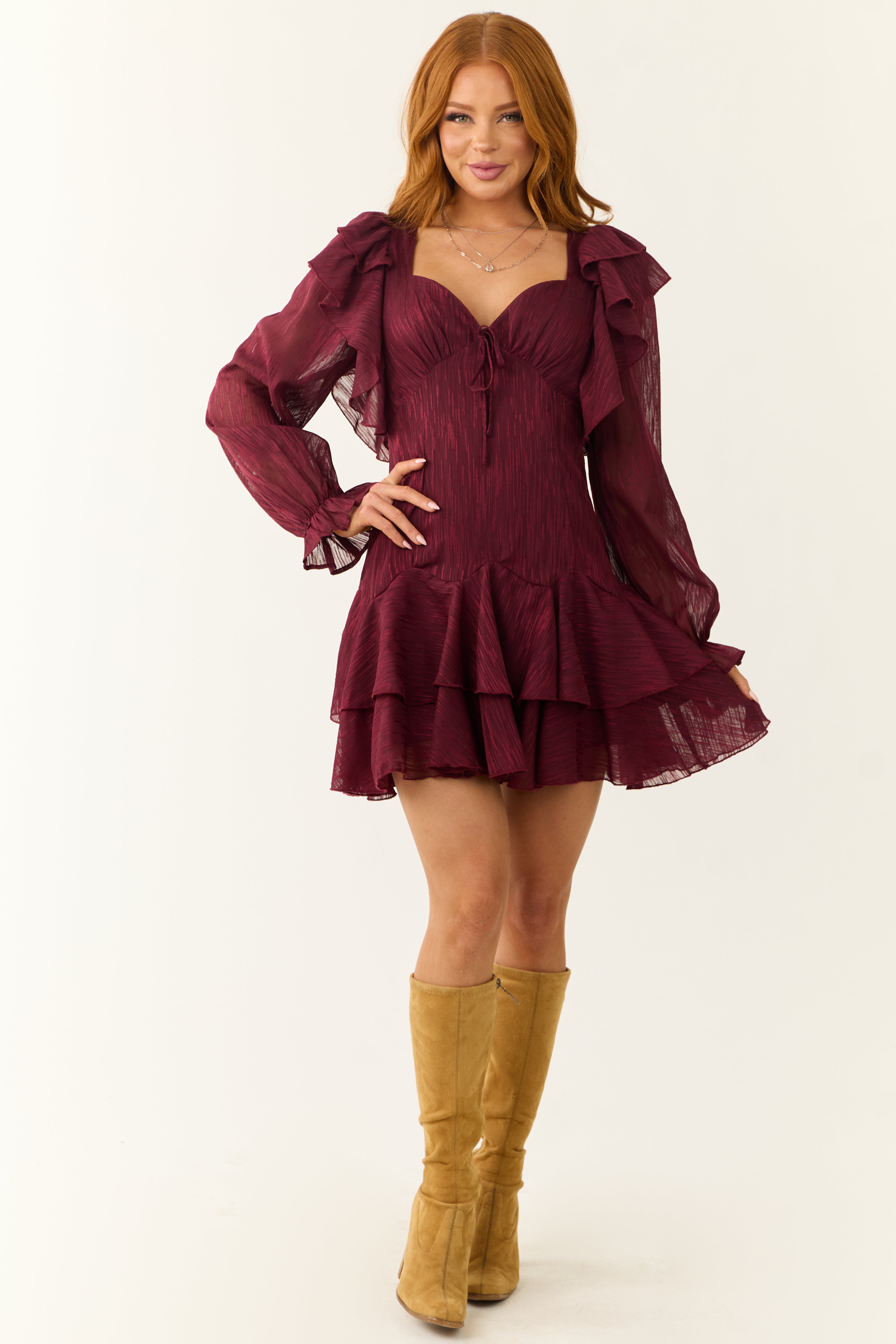 Maroon Sweetheart Neck Long Sleeve Short Dress-Newayad
