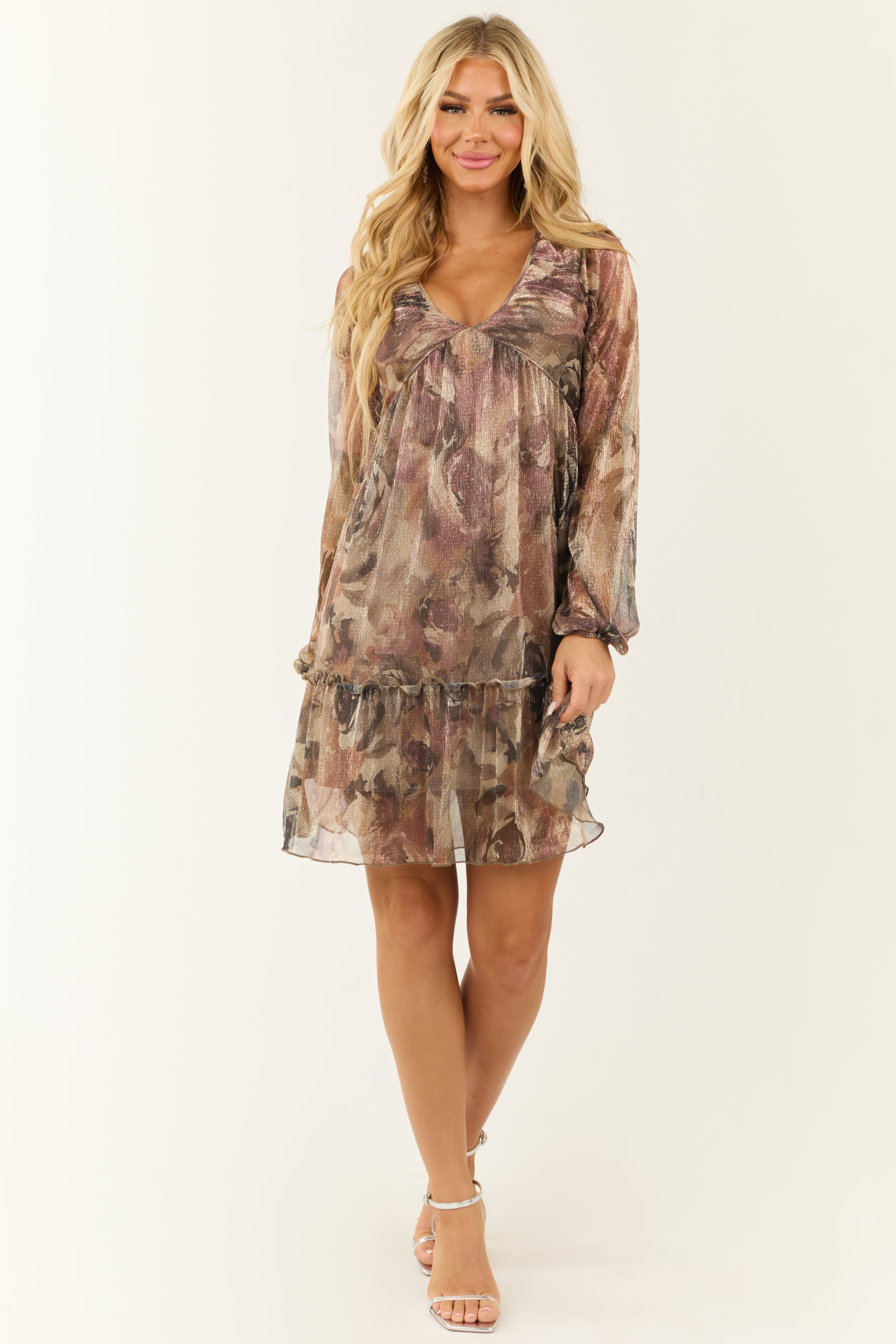 Mauve Floral Print Plunging Neckline Short Dress-Newayad