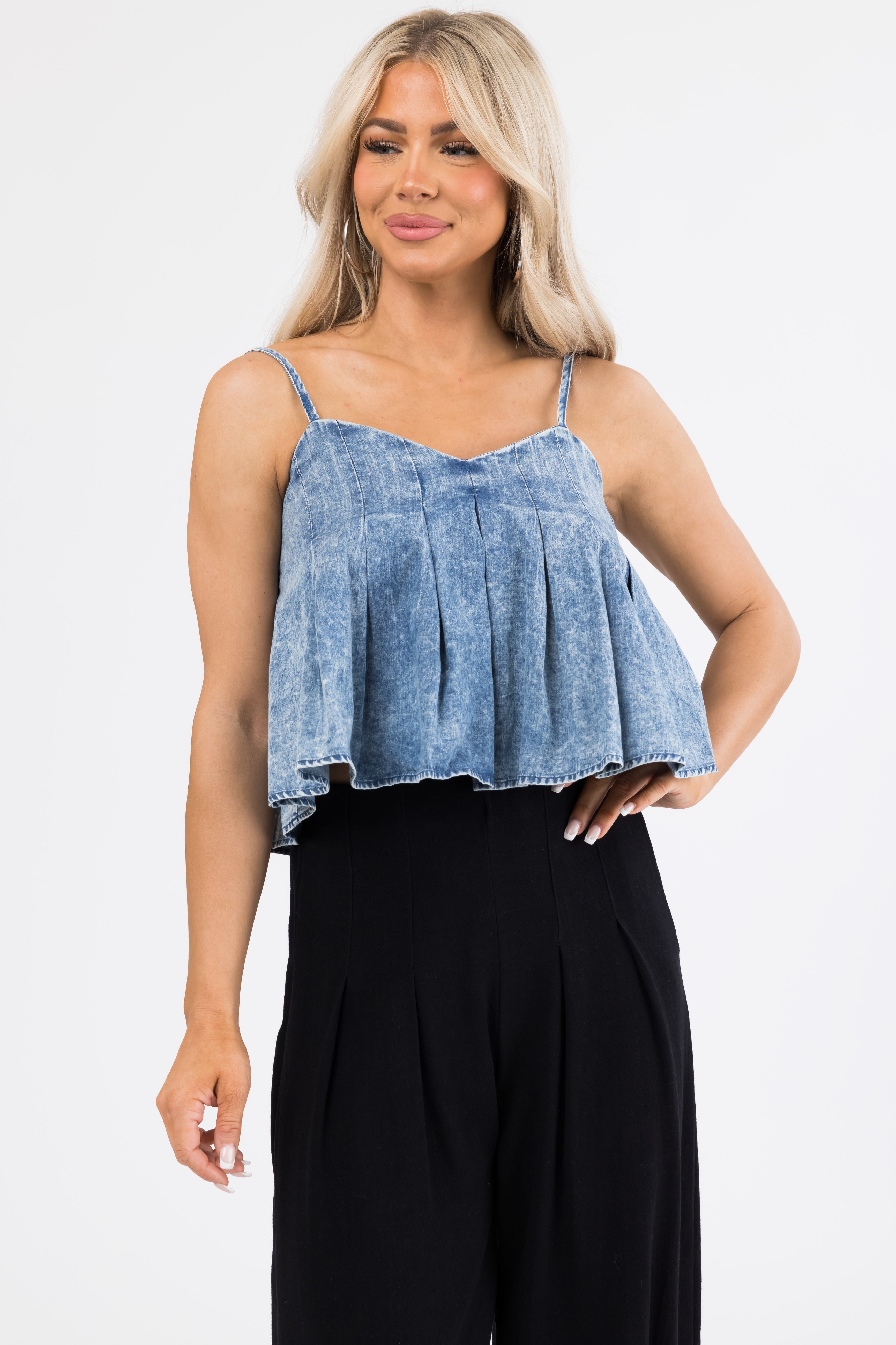 Medium Acid Wash Denim Sleeveless Crop Top-Newayad