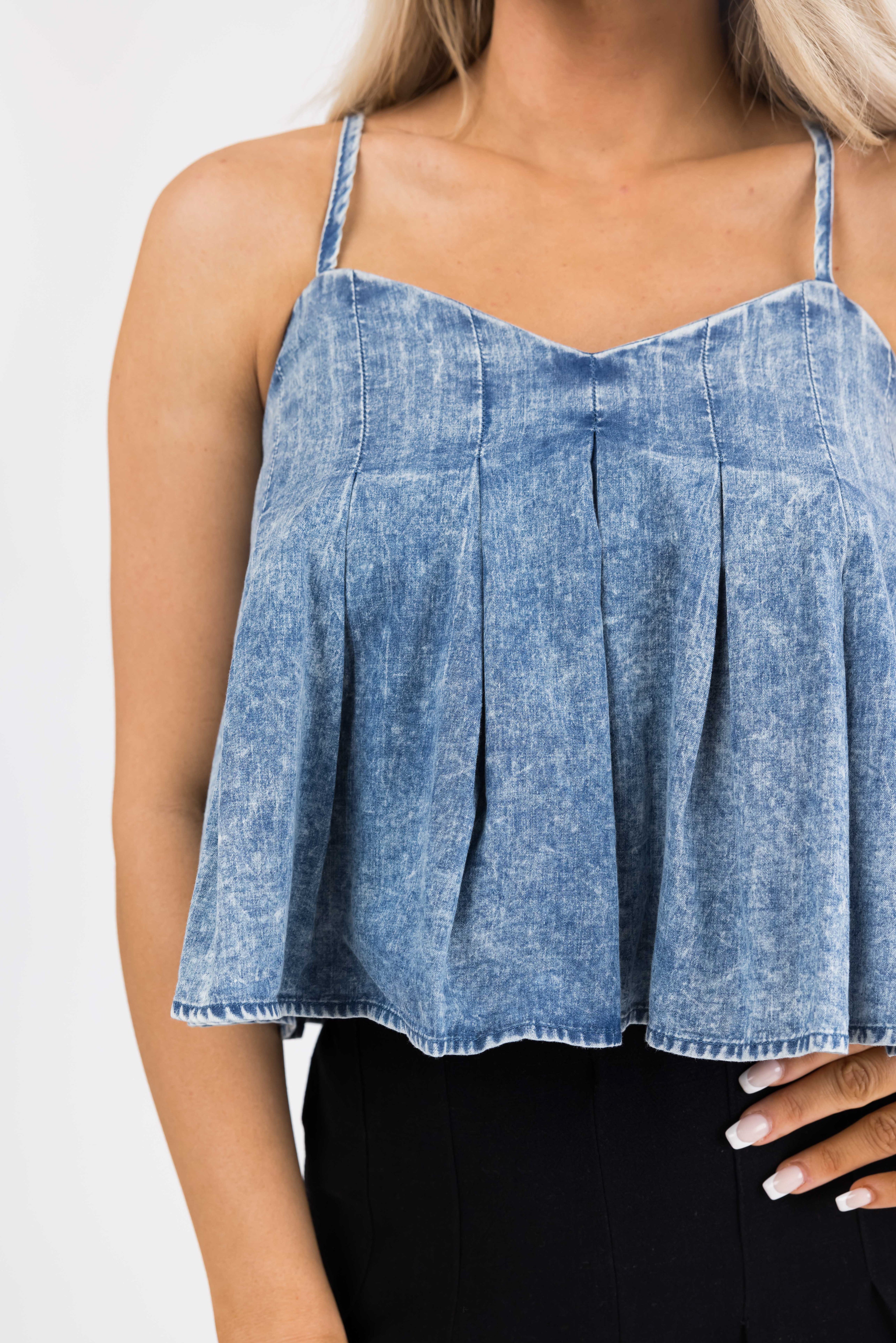Medium Acid Wash Denim Sleeveless Crop Top-Newayad