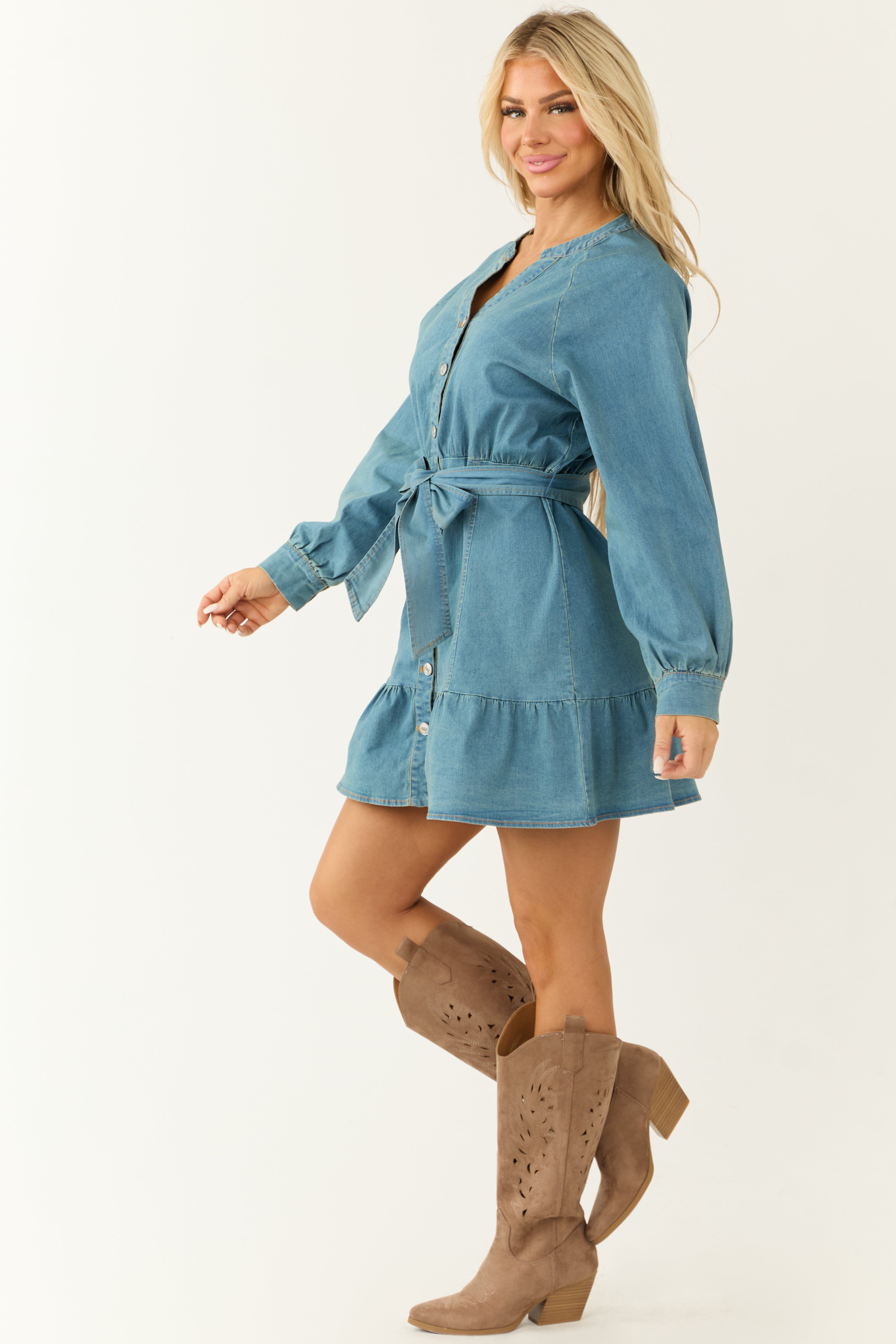 Medium Denim Button Down Waist Tie Mini Dress-Newayad