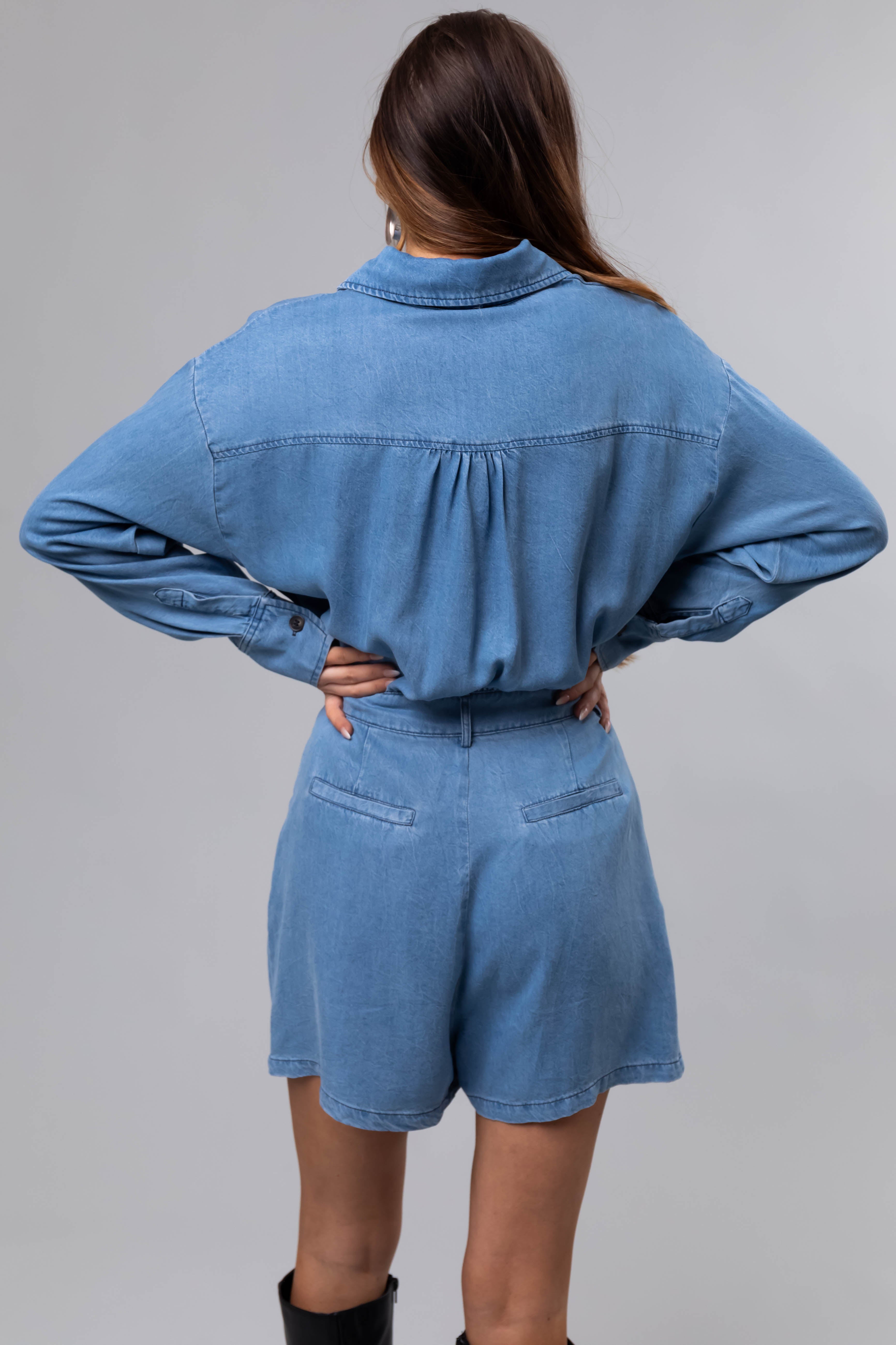 Medium Denim Long Sleeve Button Up Romper-Newayad
