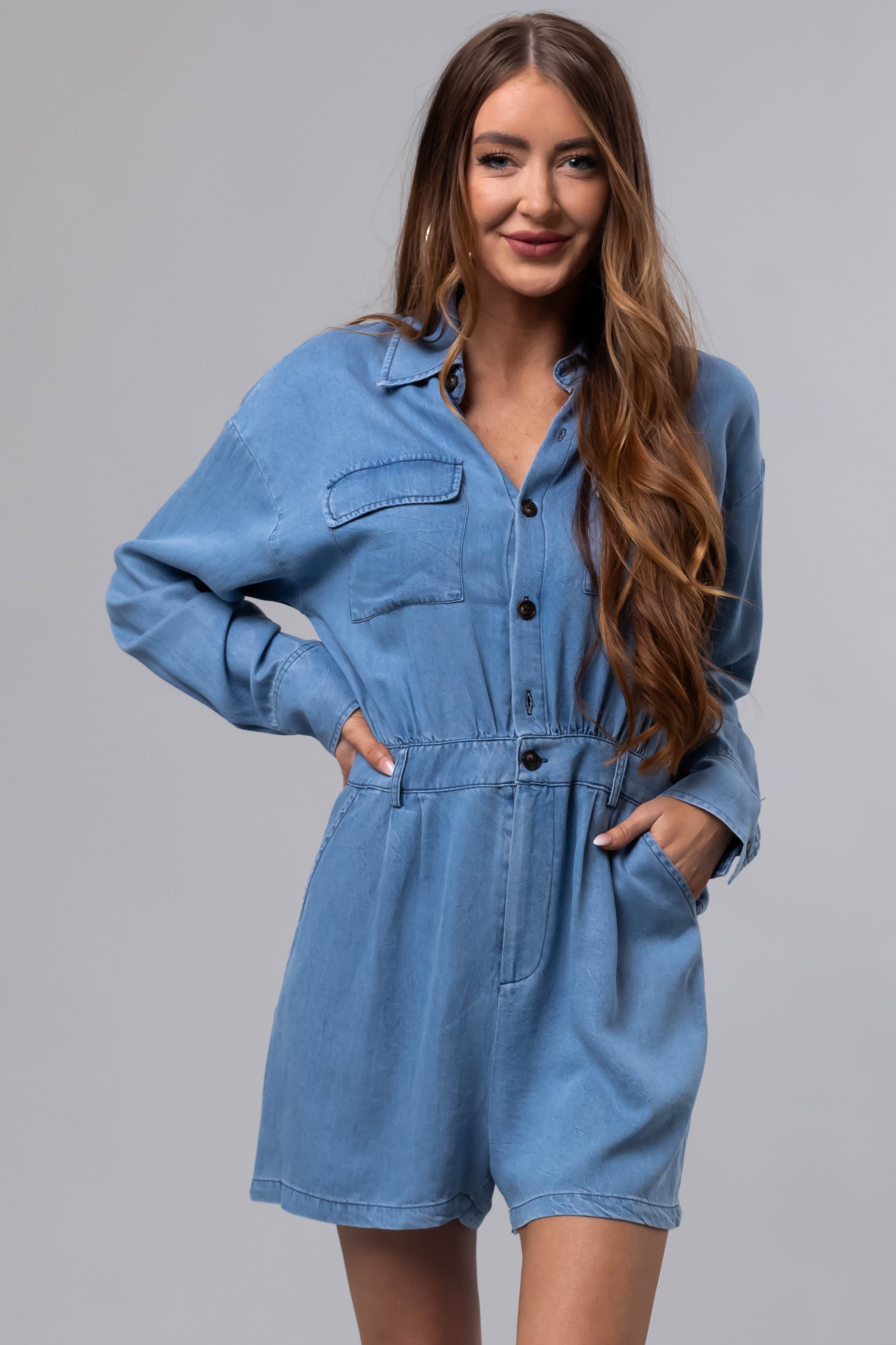 Medium Denim Long Sleeve Button Up Romper-Newayad