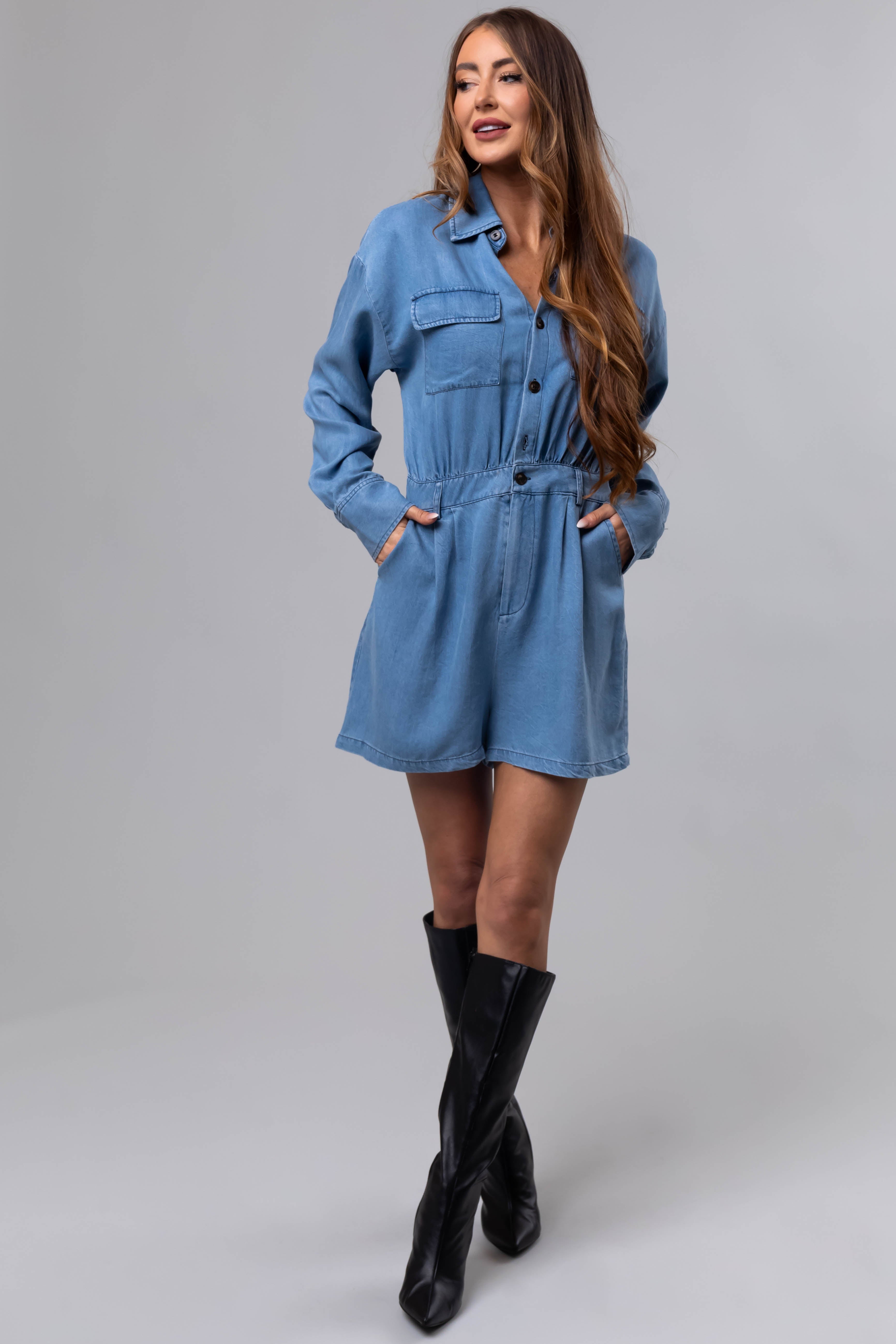 Medium Denim Long Sleeve Button Up Romper-Newayad