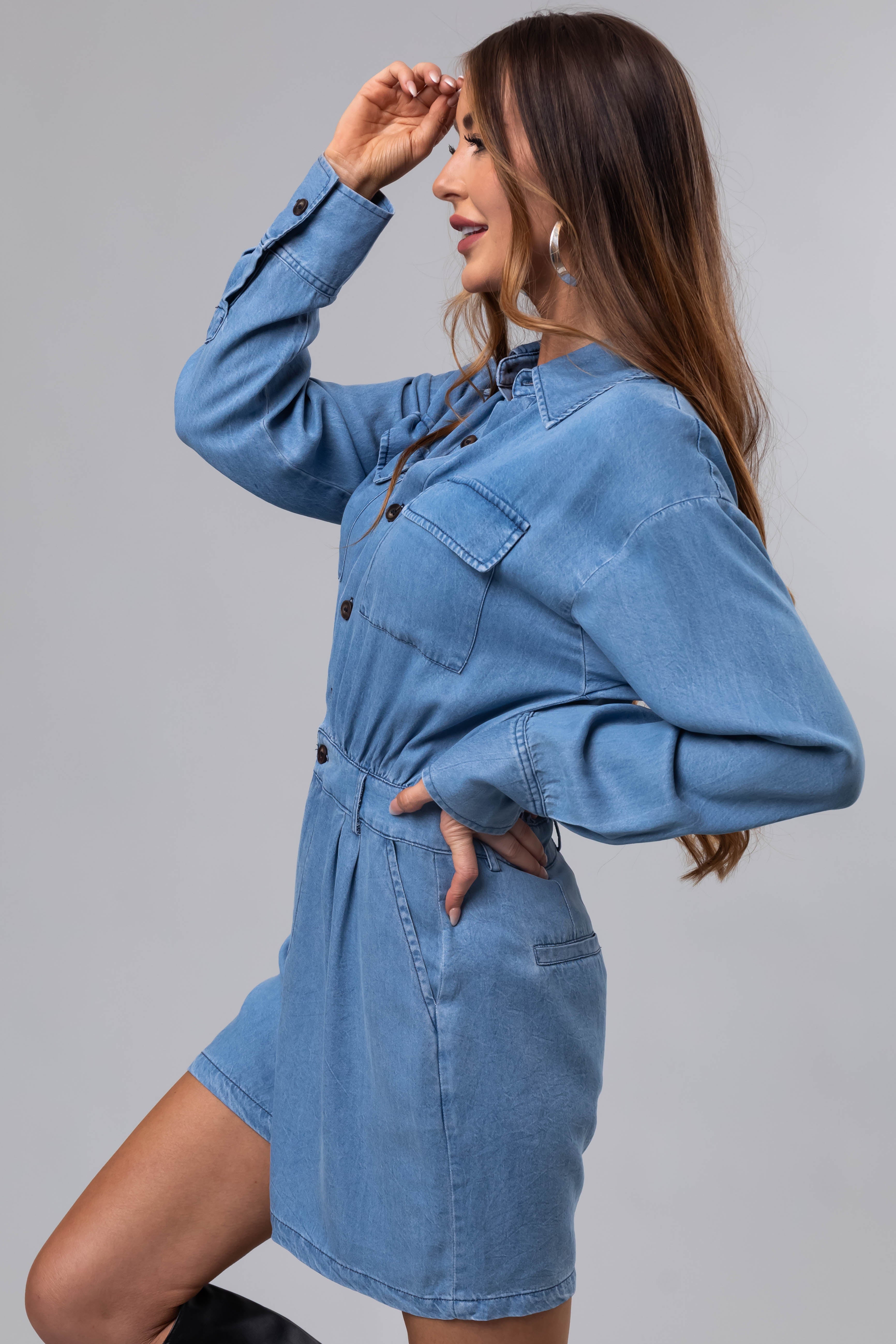 Medium Denim Long Sleeve Button Up Romper-Newayad