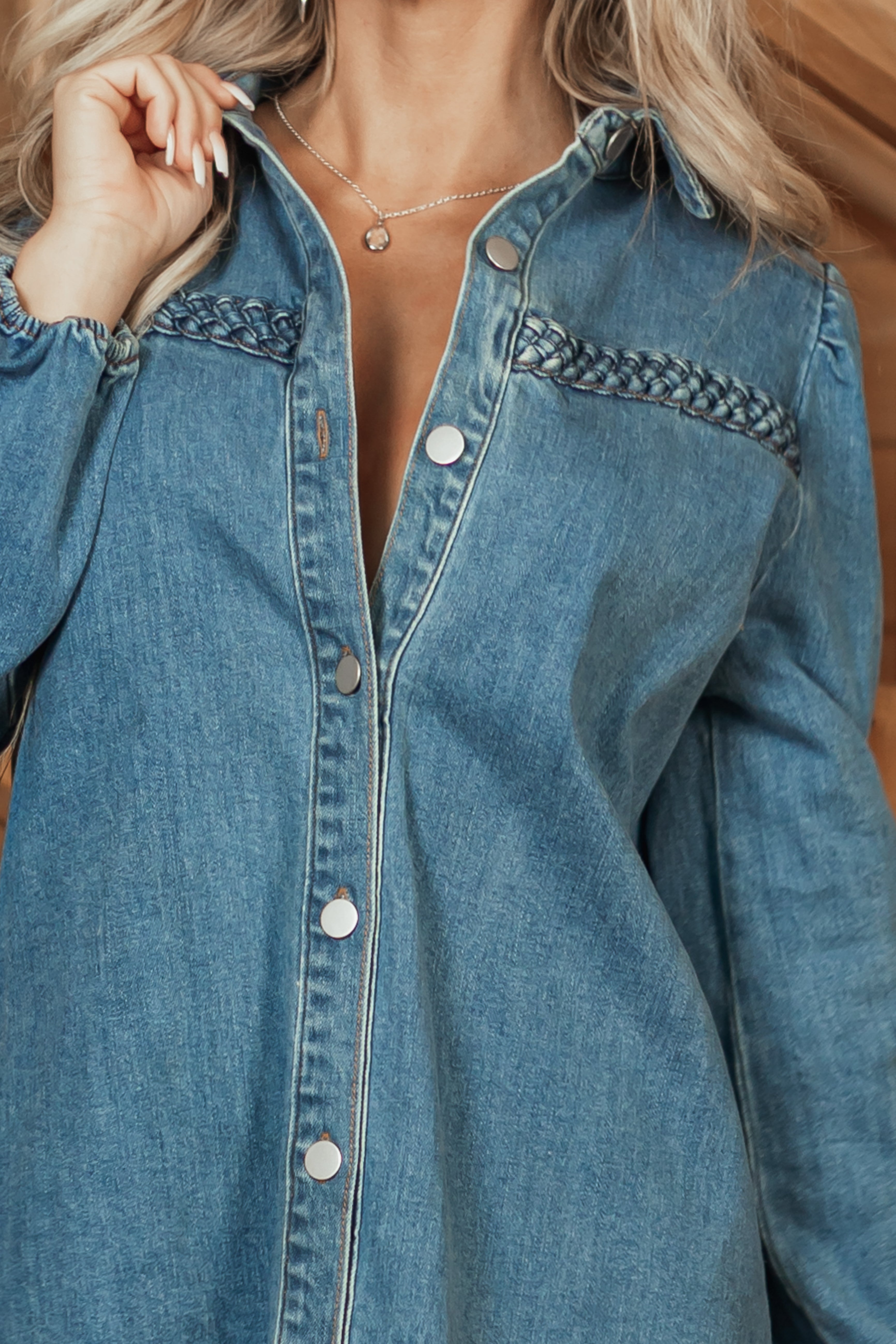 Medium Wash Button Down Braid Detail Mini Dress-Newayad