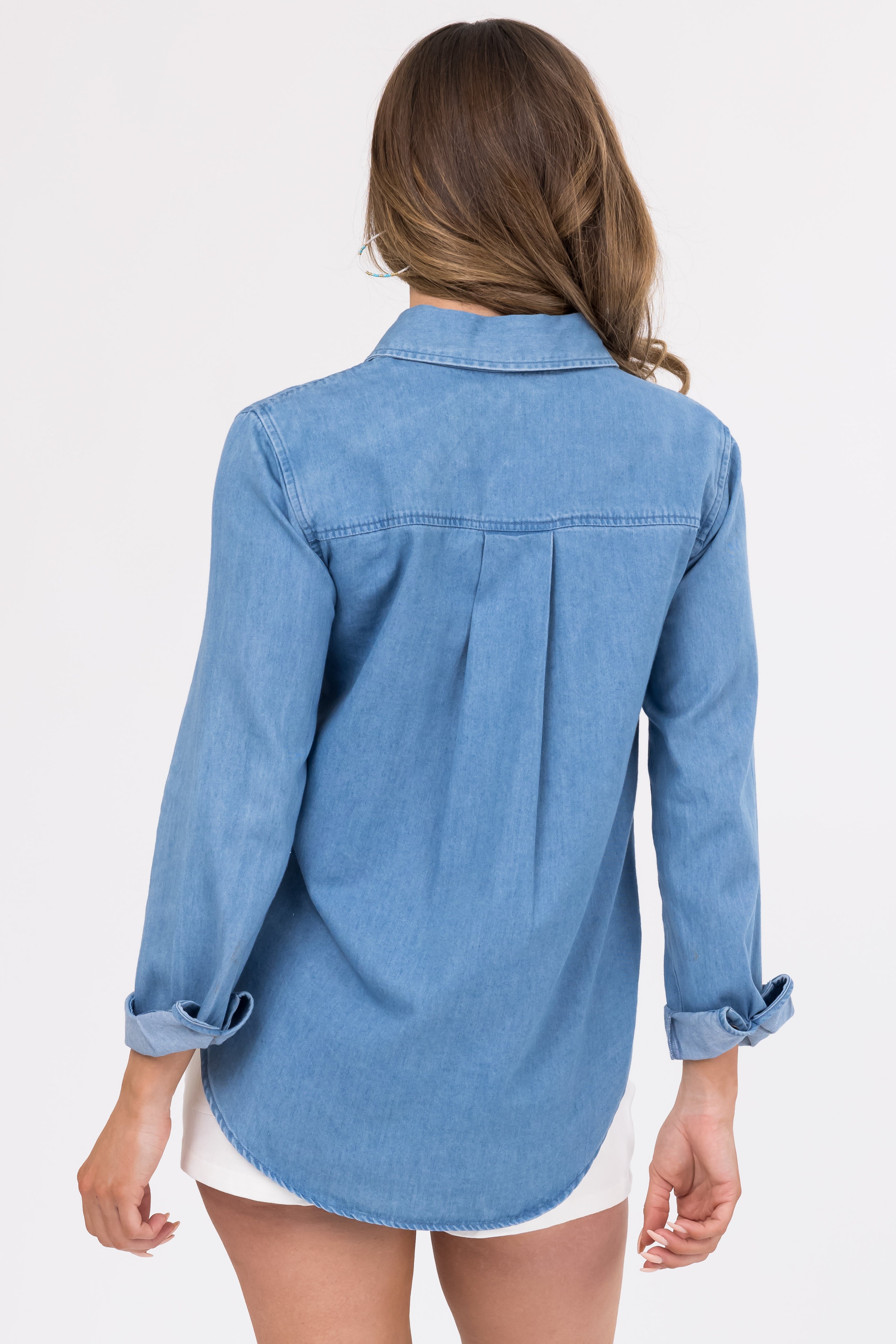 Medium Wash Button Down Denim Shirt-Newayad
