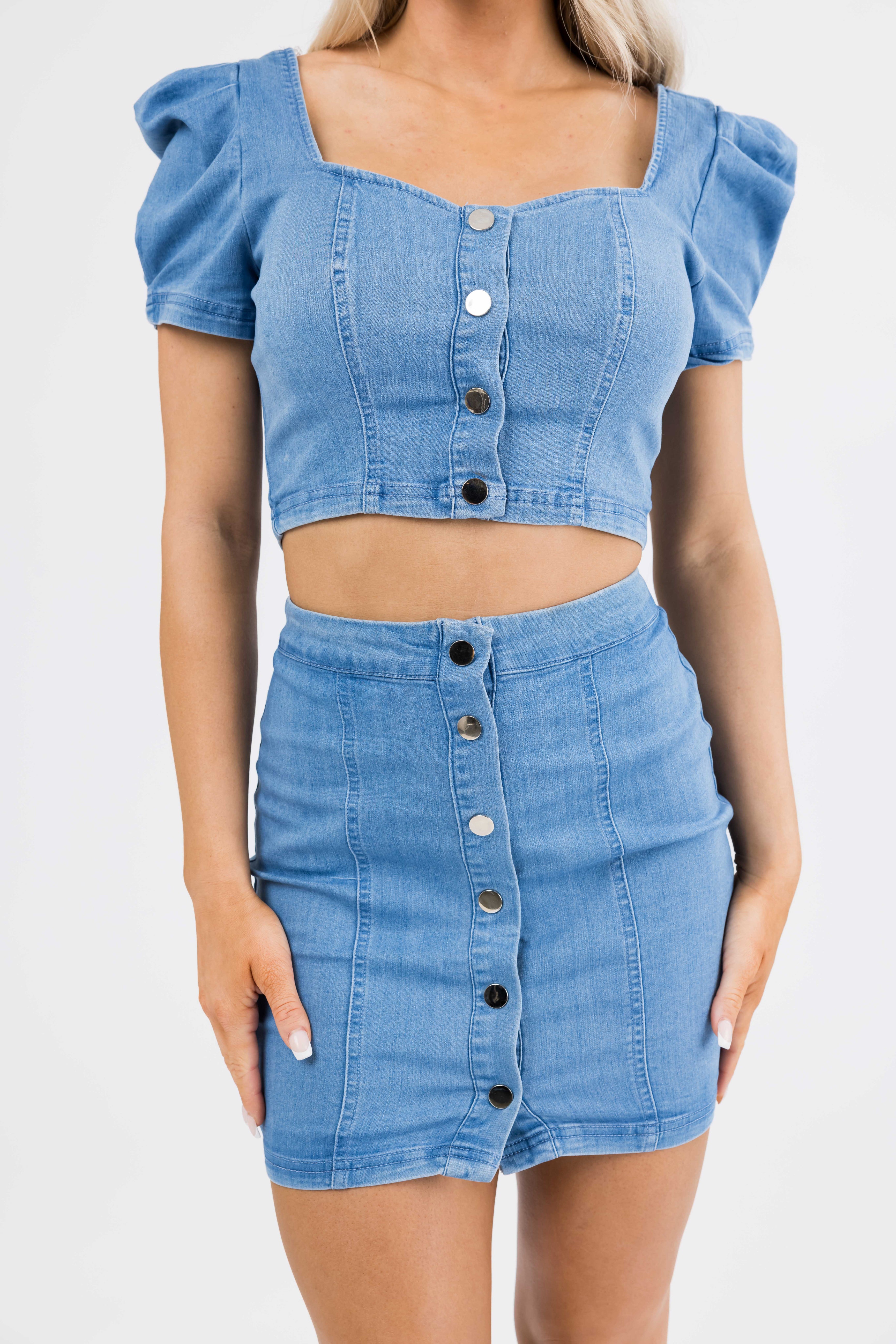 Medium Wash Denim Button Down Fitted Set-Newayad