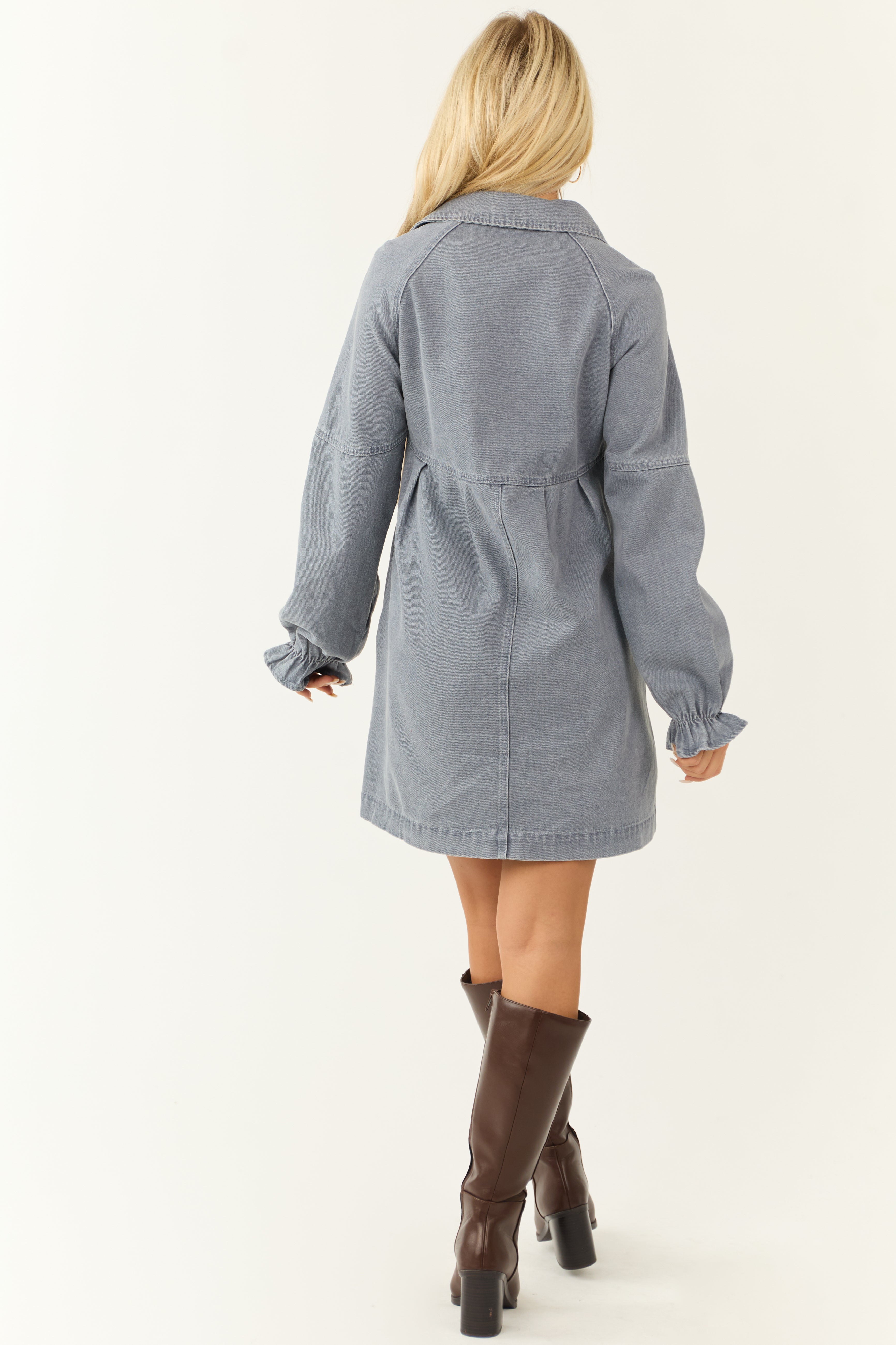 Medium Wash Denim Button Down Shirt Short Dress-Newayad