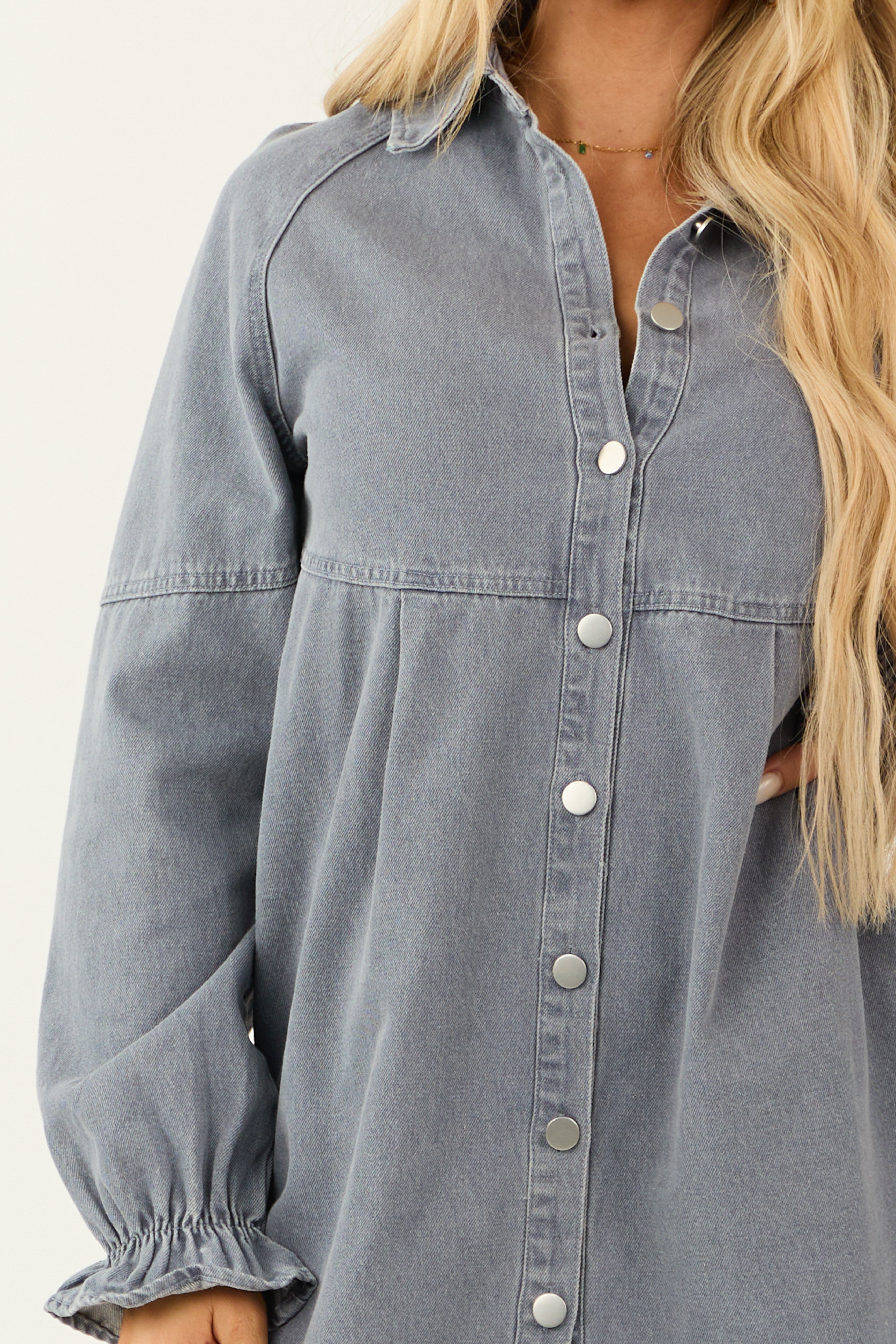 Medium Wash Denim Button Down Shirt Short Dress-Newayad
