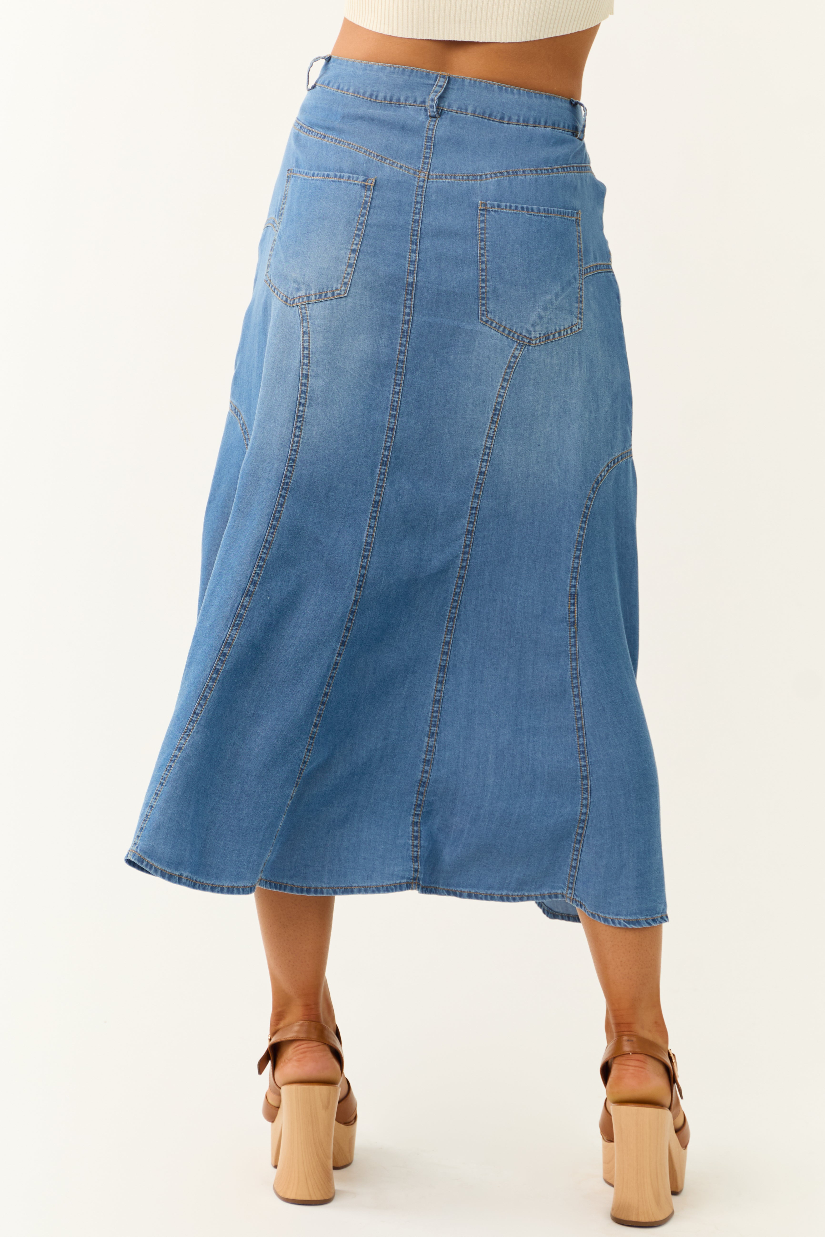 Medium Wash Denim Floral Embroidered Maxi Skirt-Newayad
