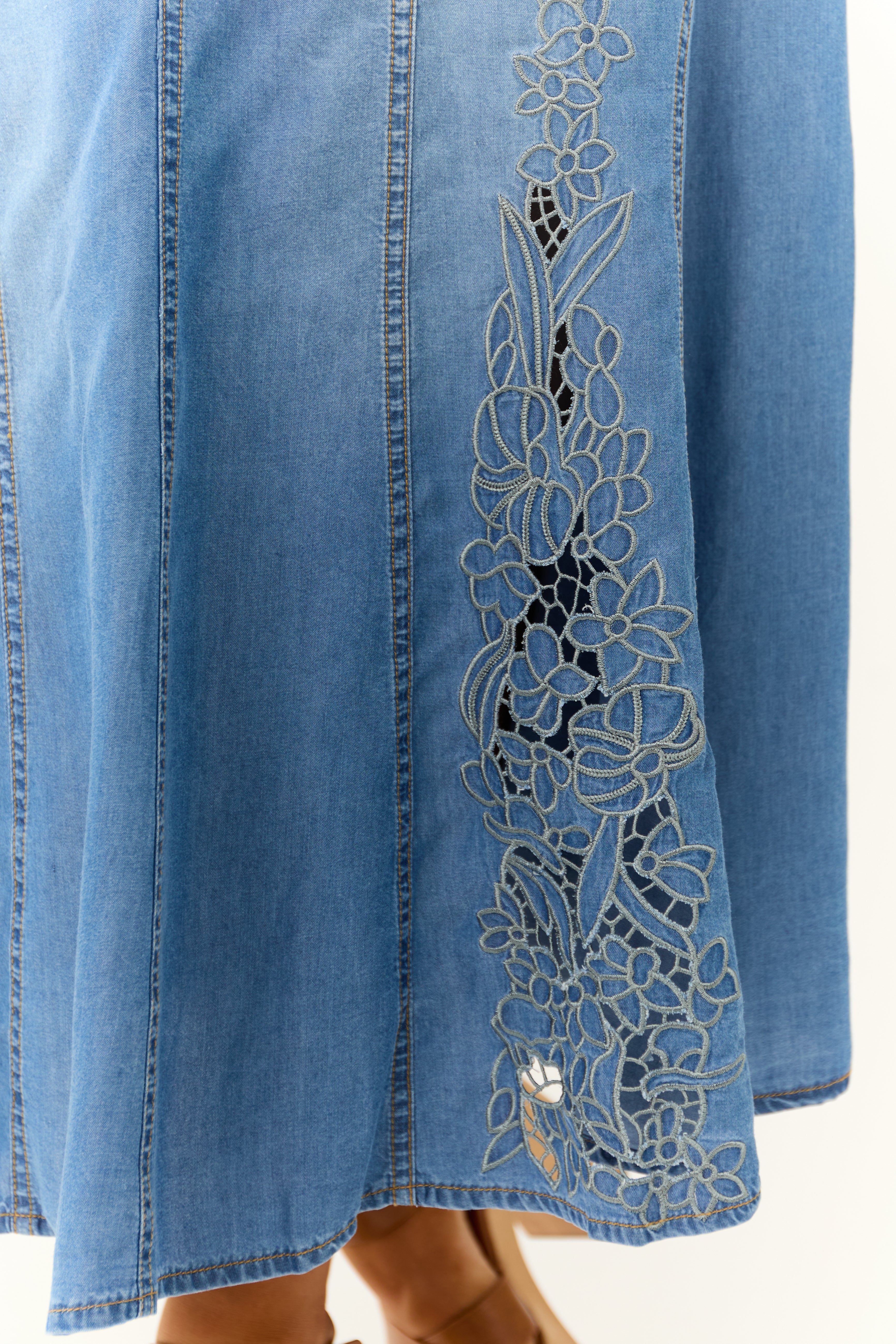 Medium Wash Denim Floral Embroidered Maxi Skirt-Newayad
