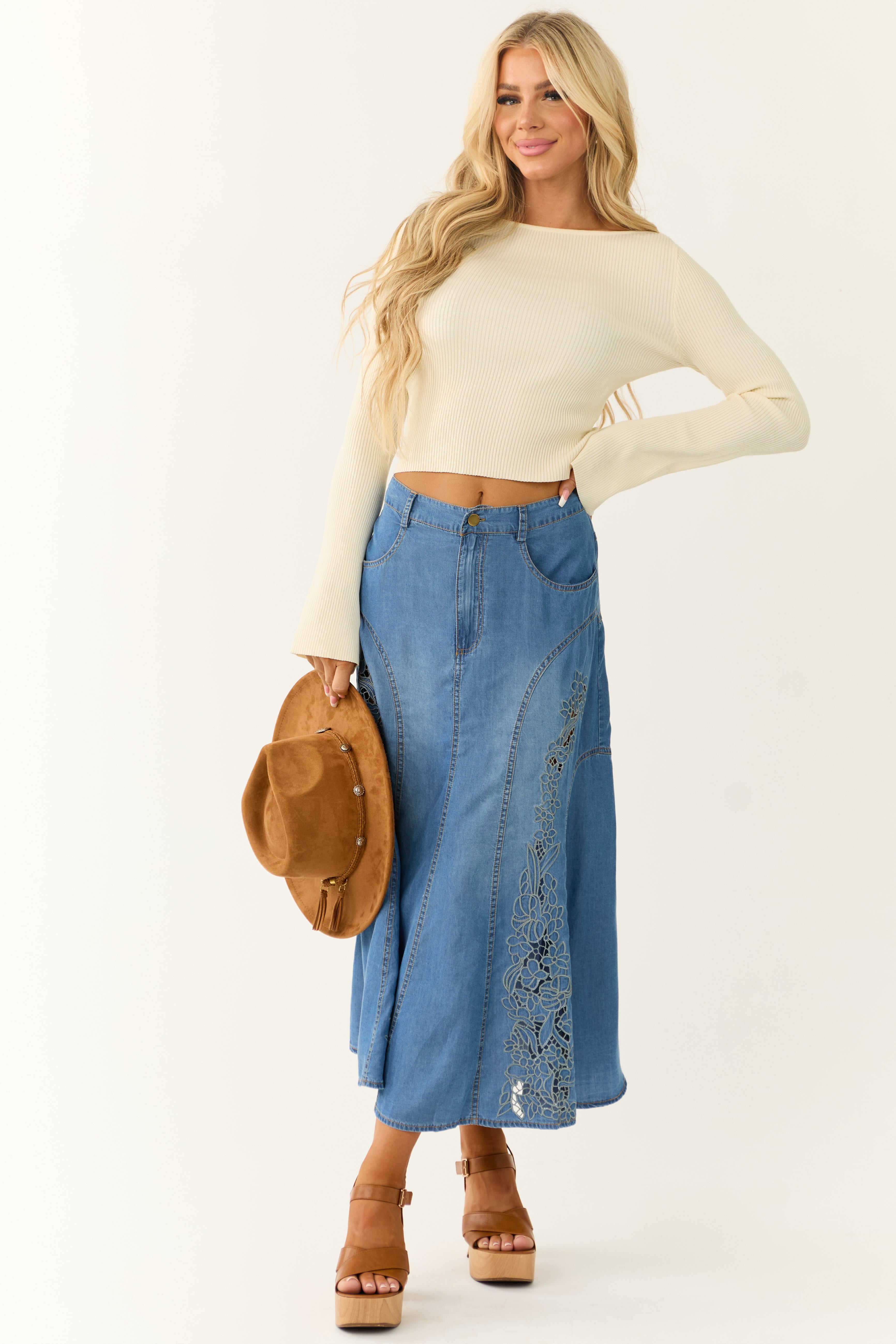 Medium Wash Denim Floral Embroidered Maxi Skirt-Newayad