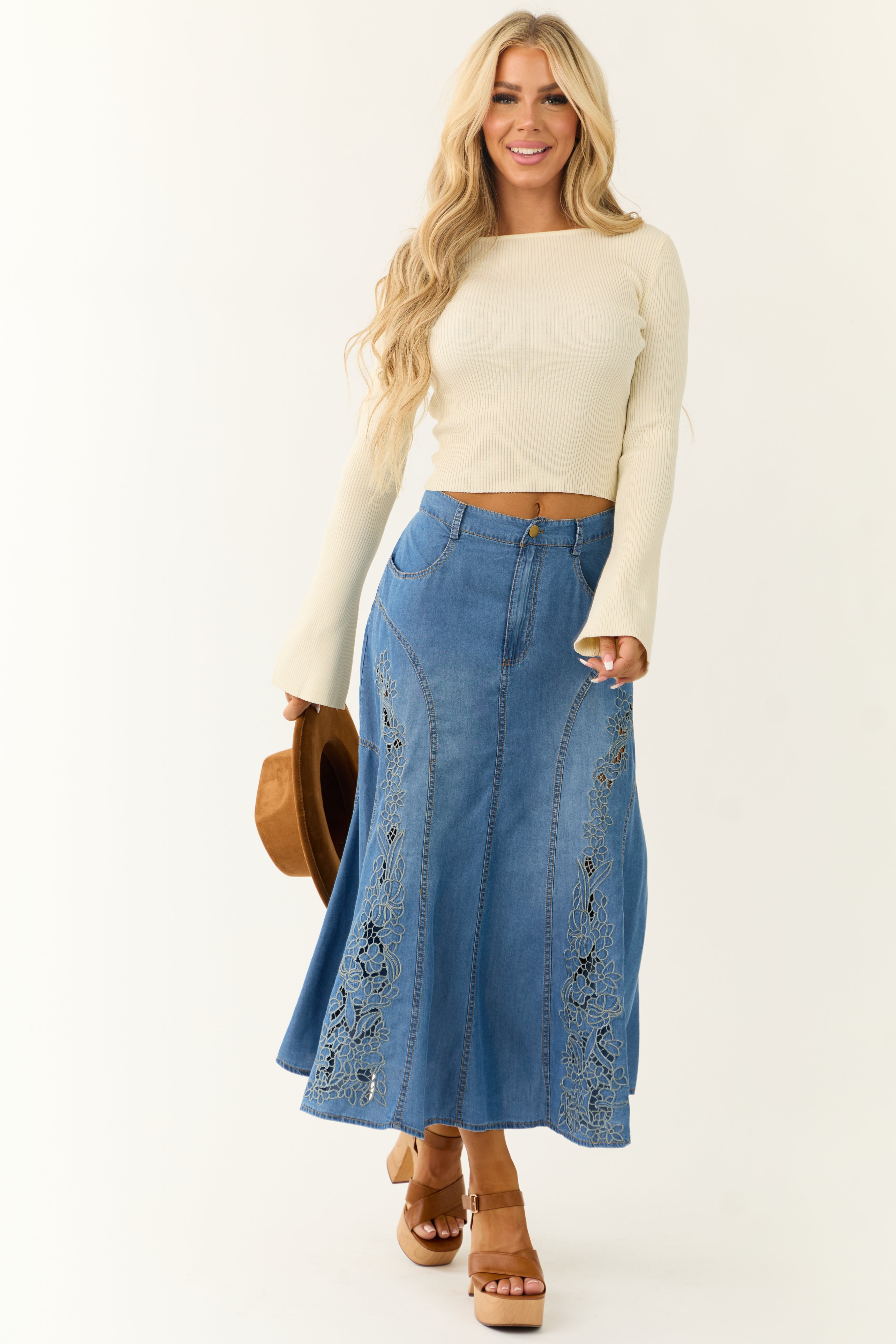 Medium Wash Denim Floral Embroidered Maxi Skirt-Newayad