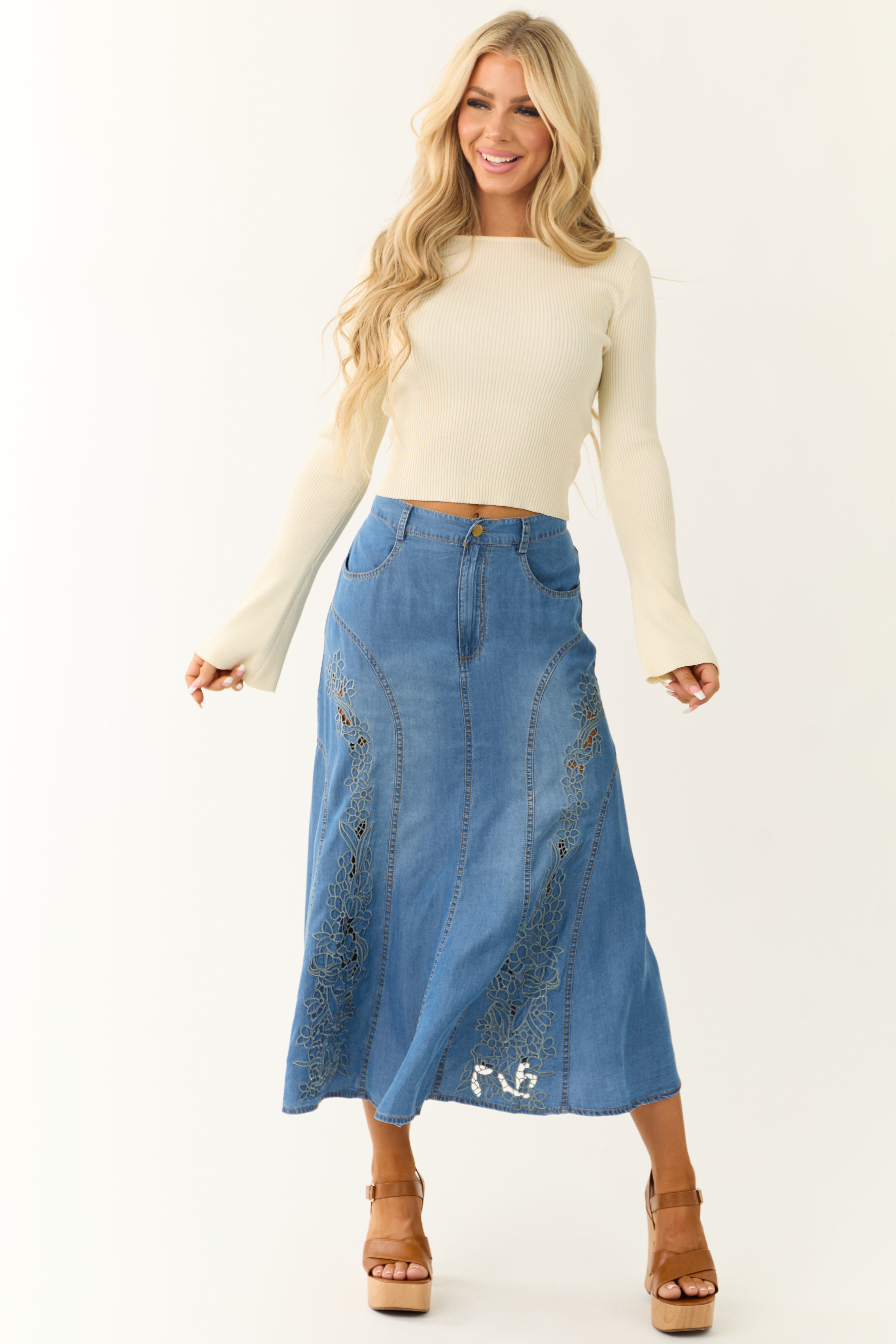 Medium Wash Denim Floral Embroidered Maxi Skirt-Newayad