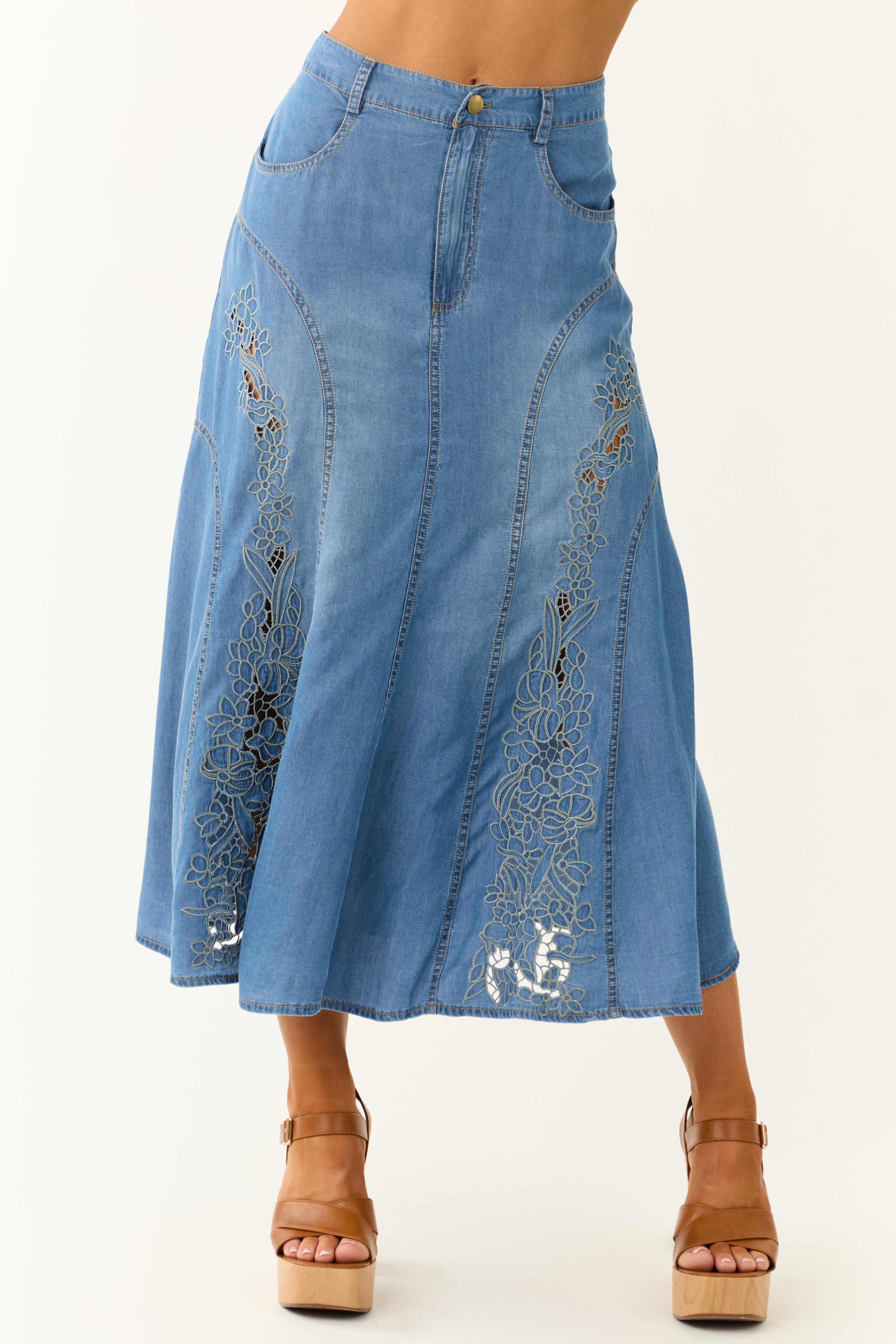 Medium Wash Denim Floral Embroidered Maxi Skirt-Newayad
