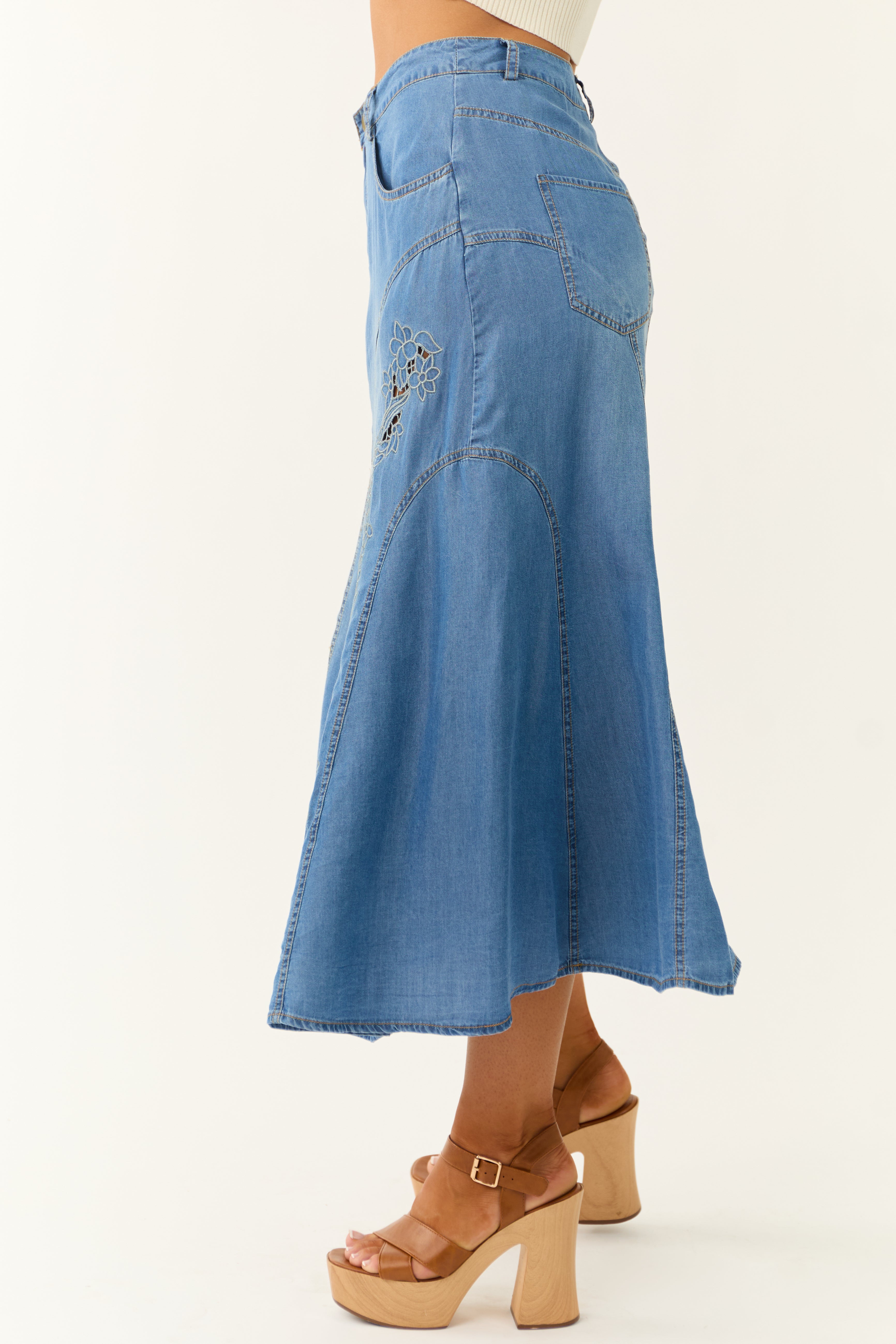 Medium Wash Denim Floral Embroidered Maxi Skirt-Newayad