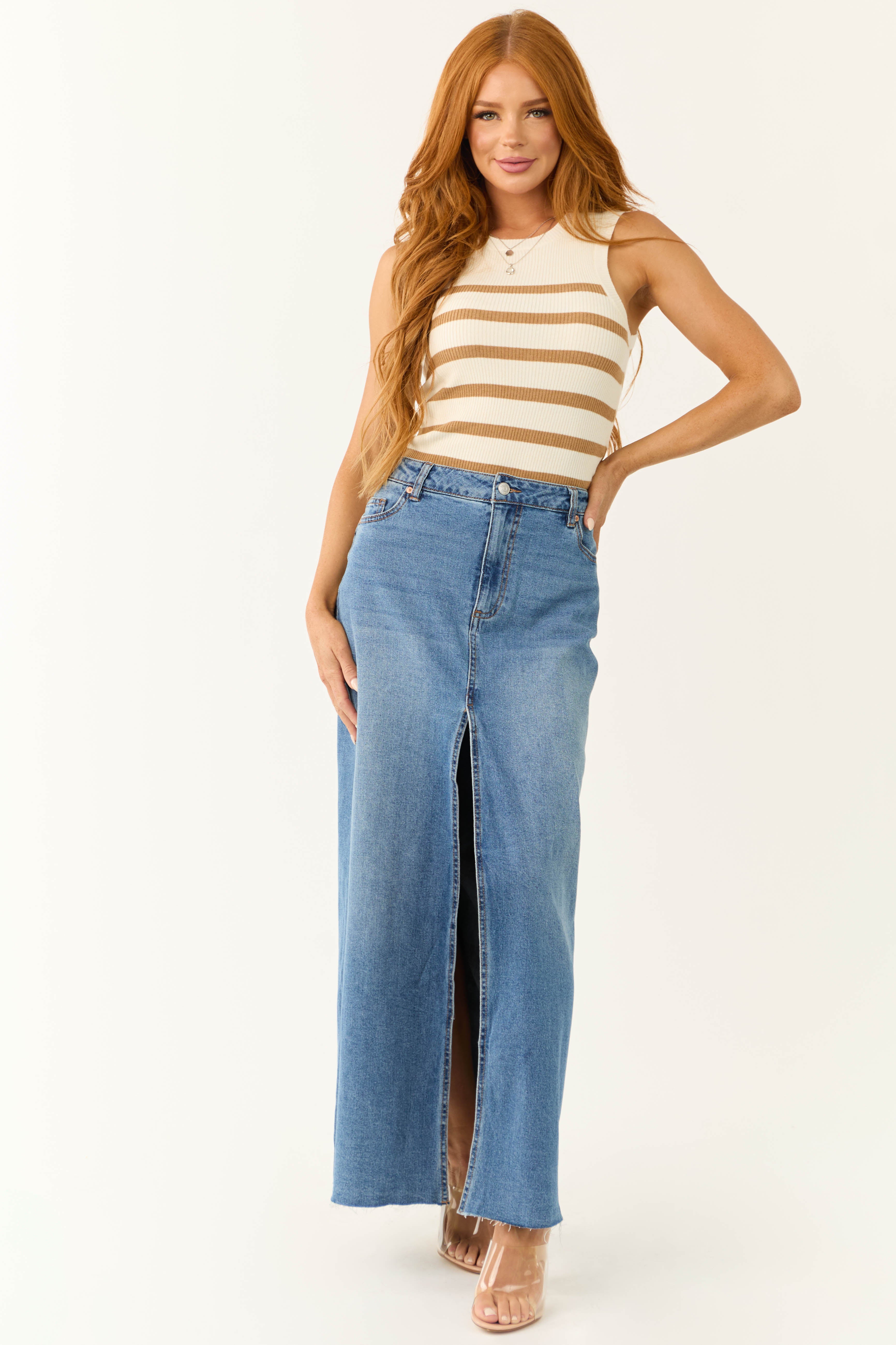 Medium Wash Denim Front Slit Maxi Skirt-Newayad