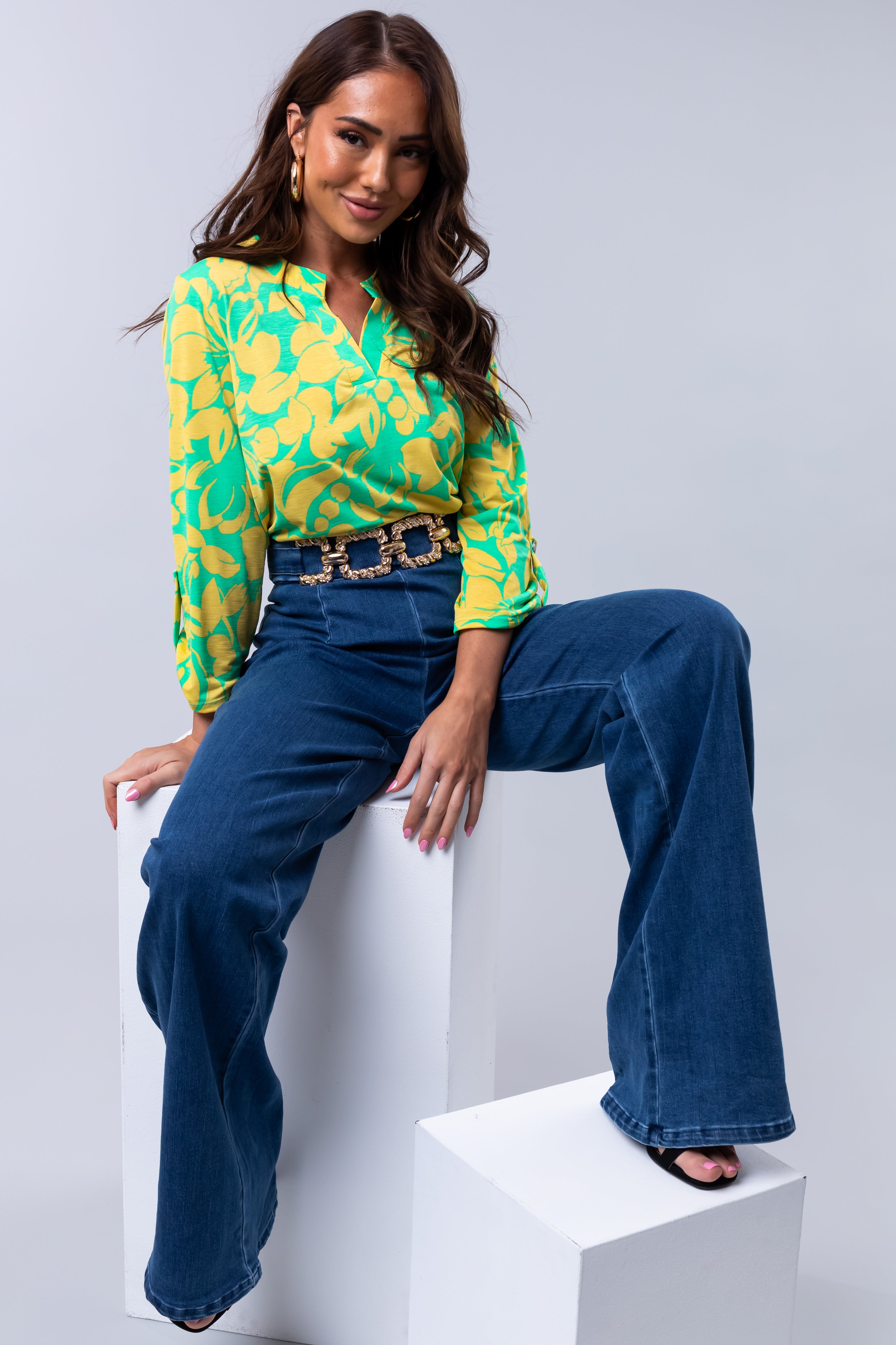 Medium Wash Denim Gold Belt High Waisted Jeans-Newayad