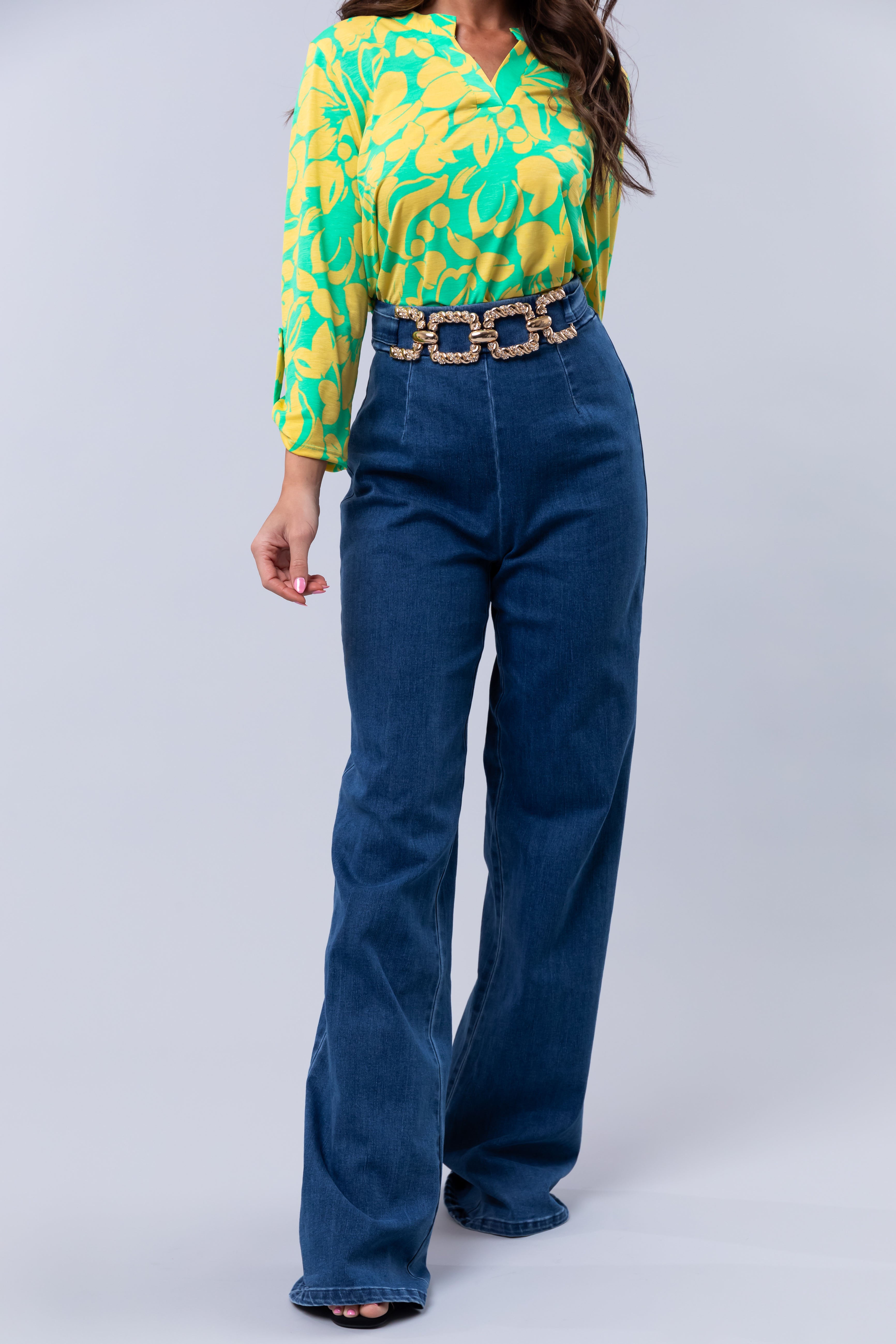 Medium Wash Denim Gold Belt High Waisted Jeans-Newayad