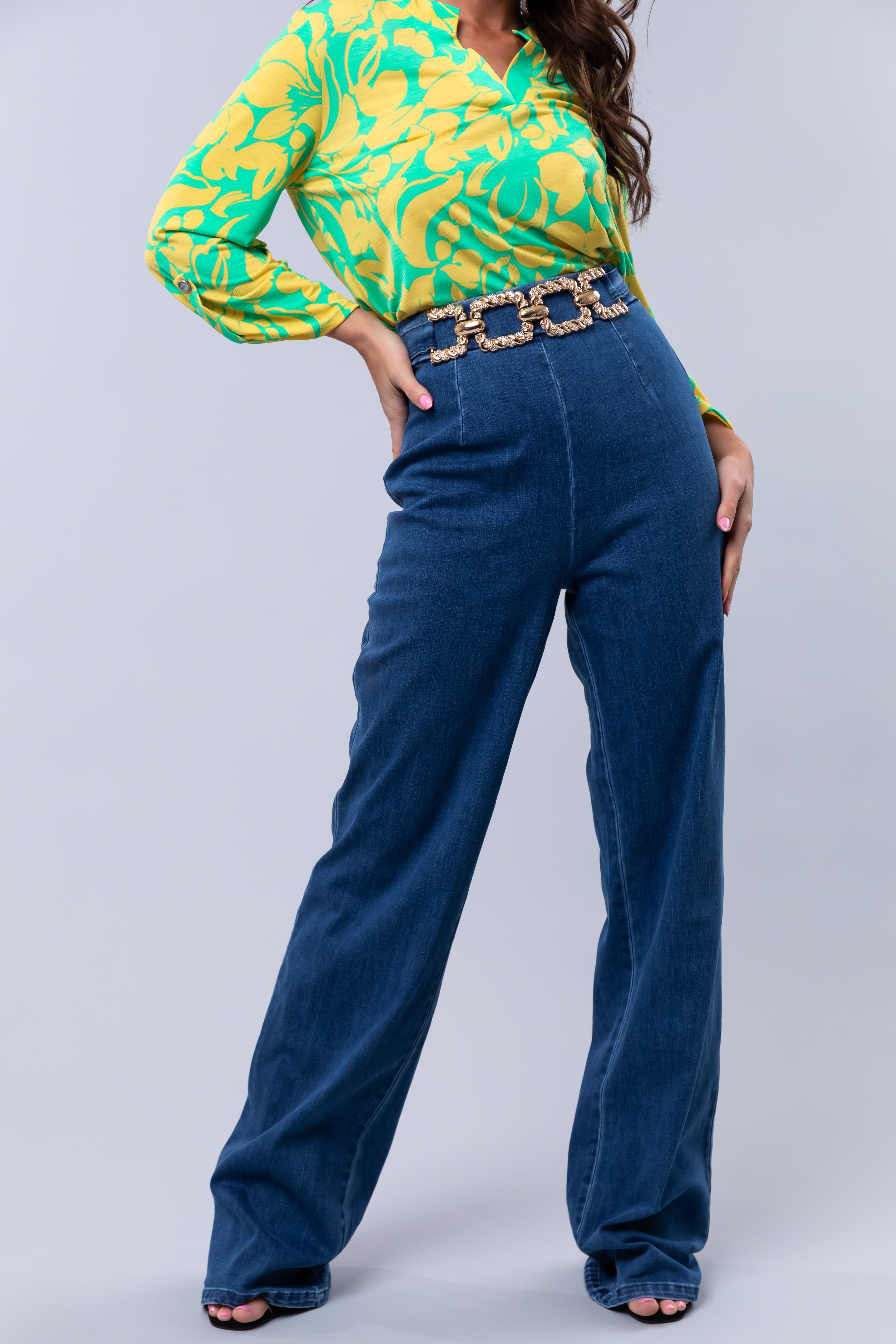 Medium Wash Denim Gold Belt High Waisted Jeans-Newayad