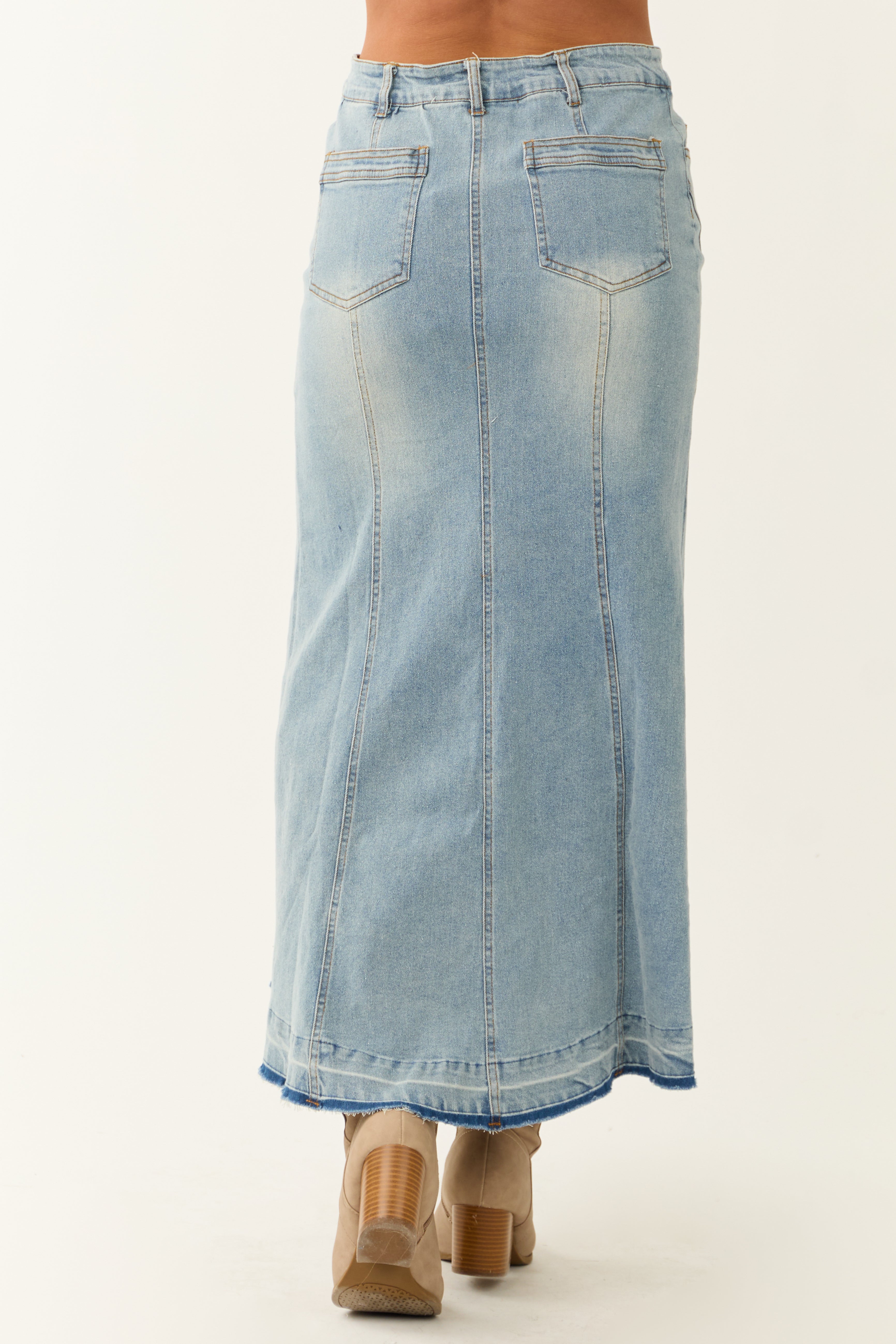 Medium Wash Denim High Low Maxi Skirt-Newayad