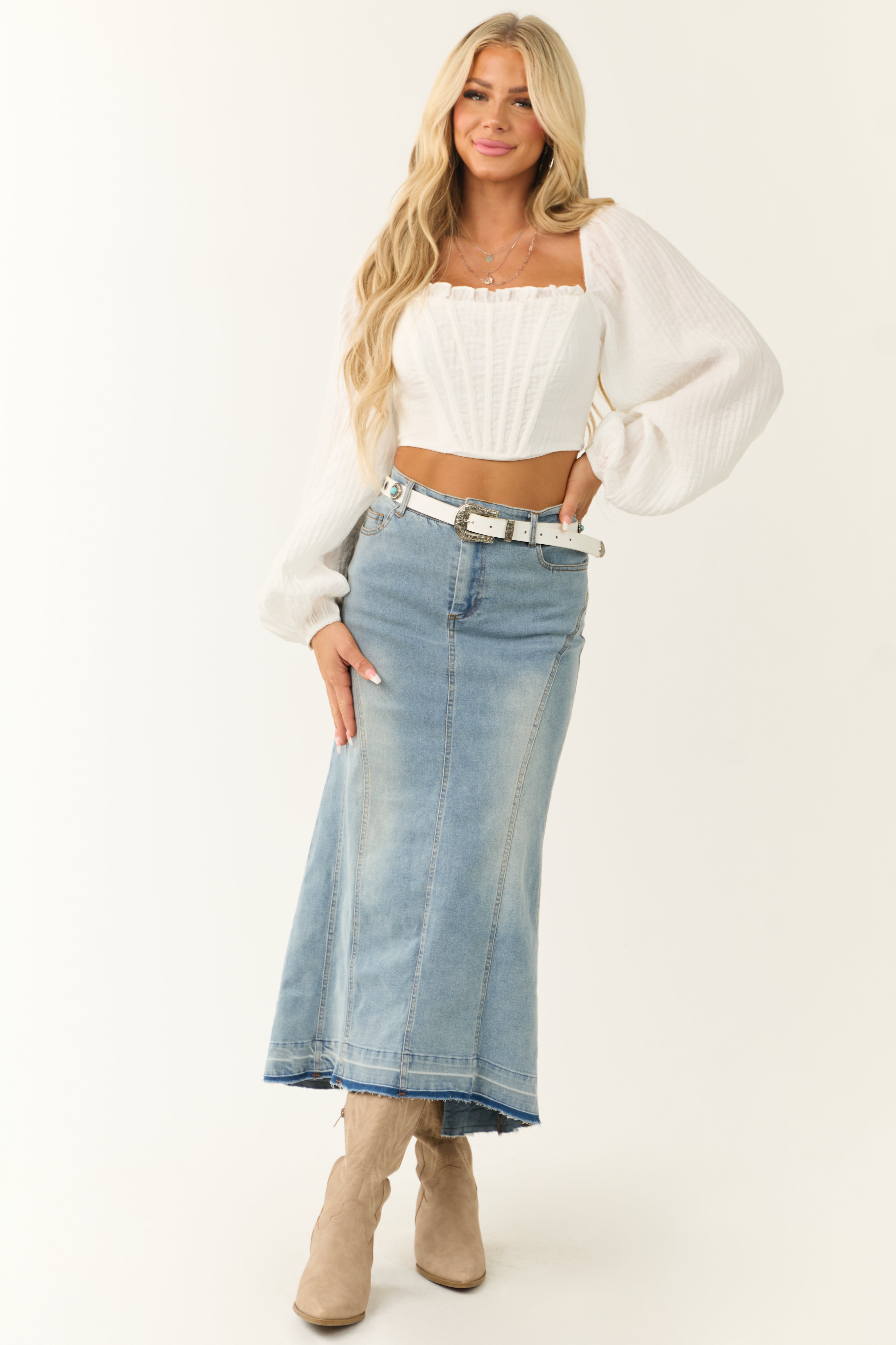 Medium Wash Denim High Low Maxi Skirt-Newayad