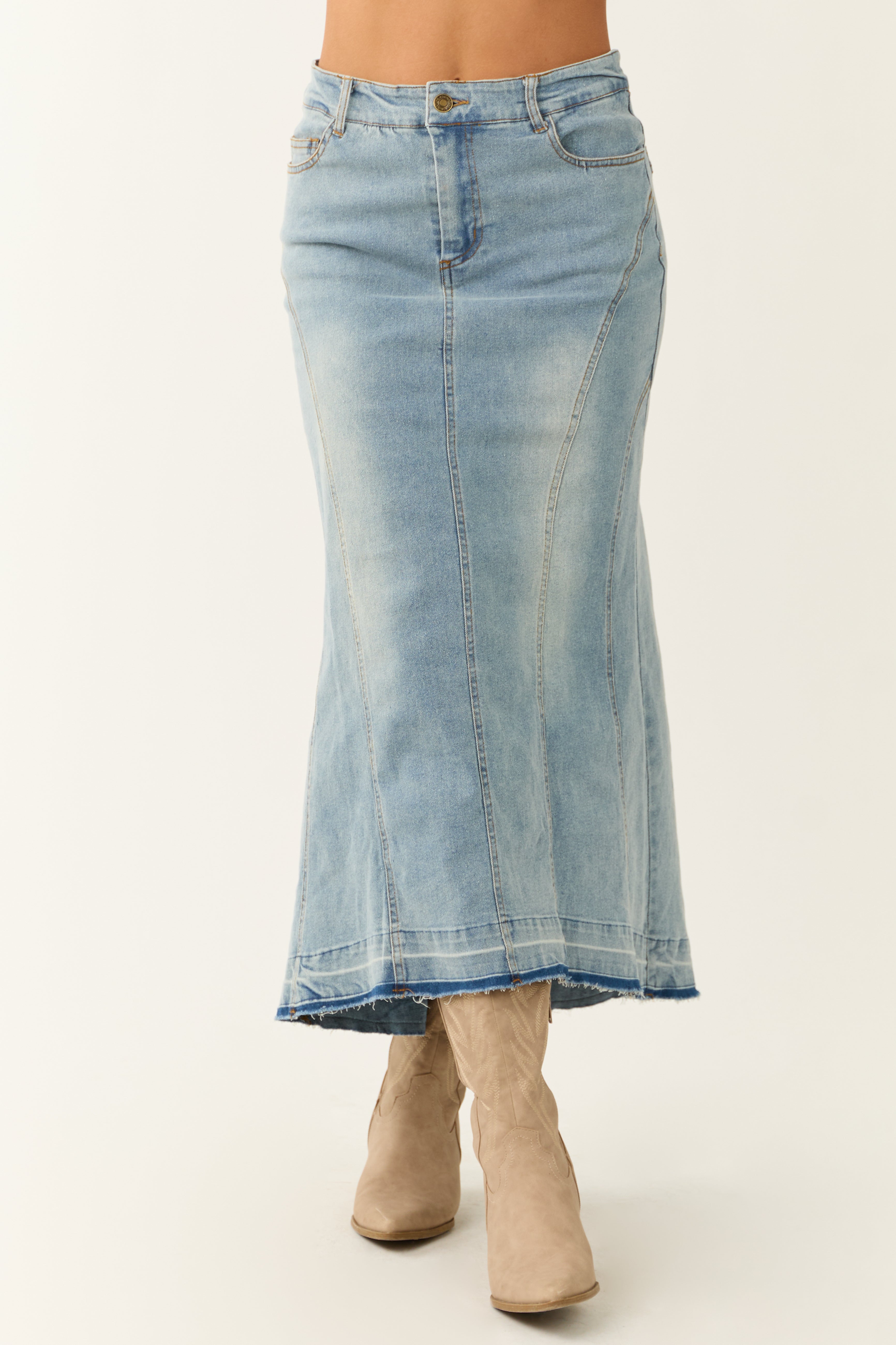 Medium Wash Denim High Low Maxi Skirt-Newayad