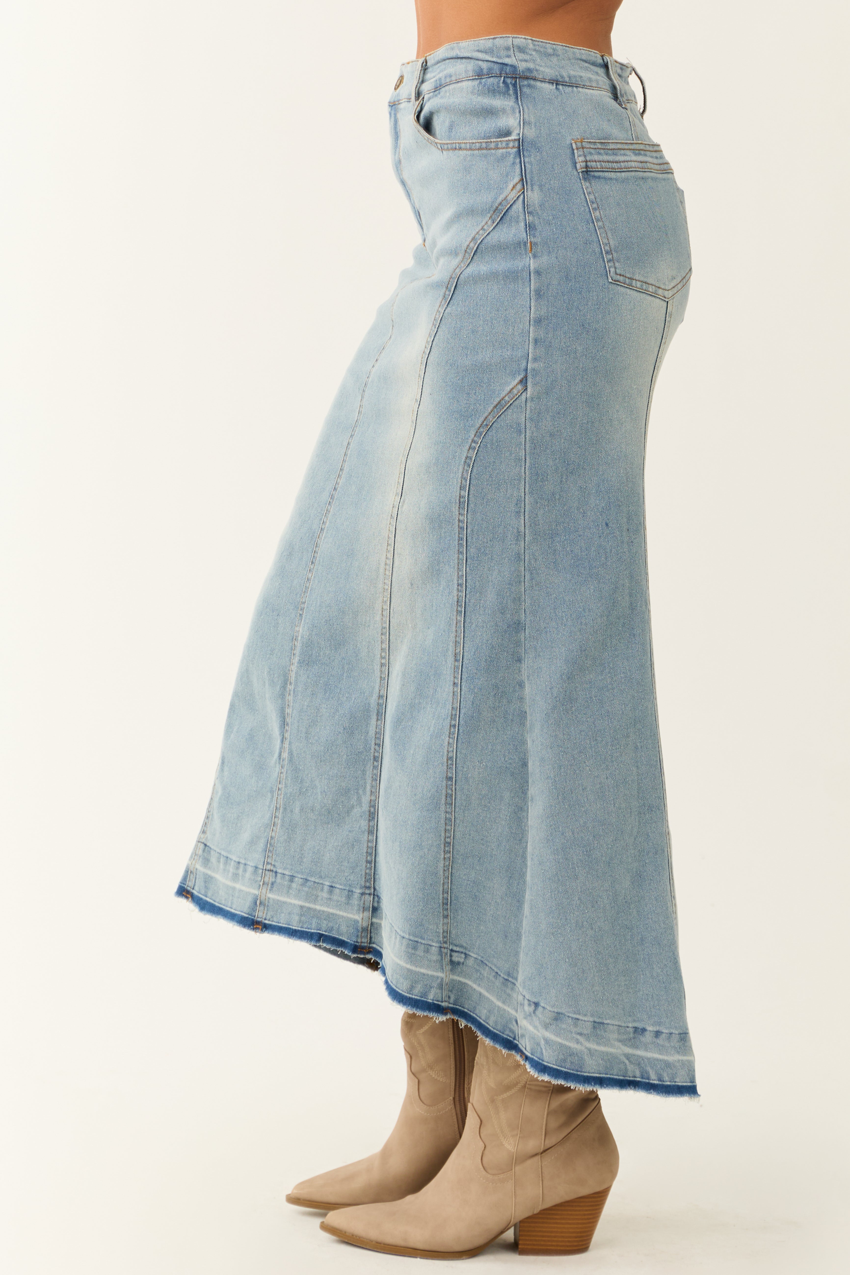 Medium Wash Denim High Low Maxi Skirt-Newayad