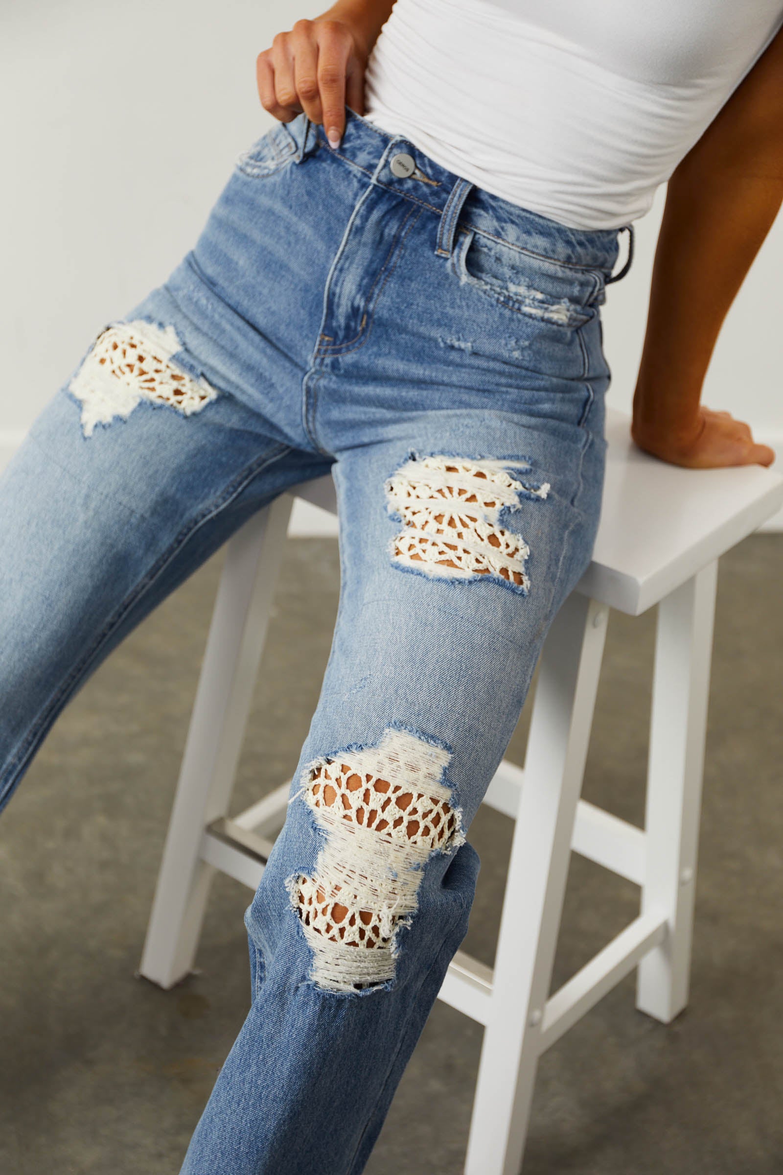 Ceros Medium Wash Distressed Lace Detail 90's Flare Jeans-Newayad
