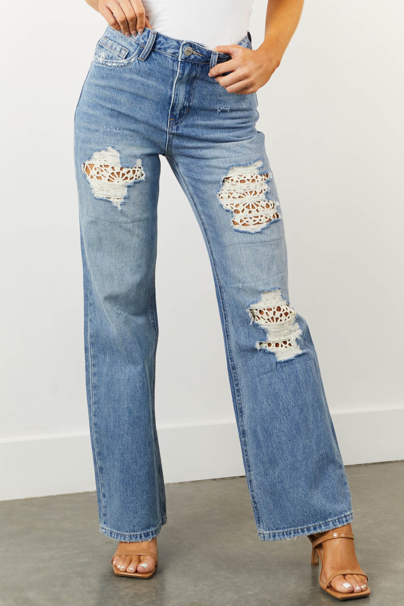 Ceros Medium Wash Distressed Lace Detail 90's Flare Jeans-Newayad