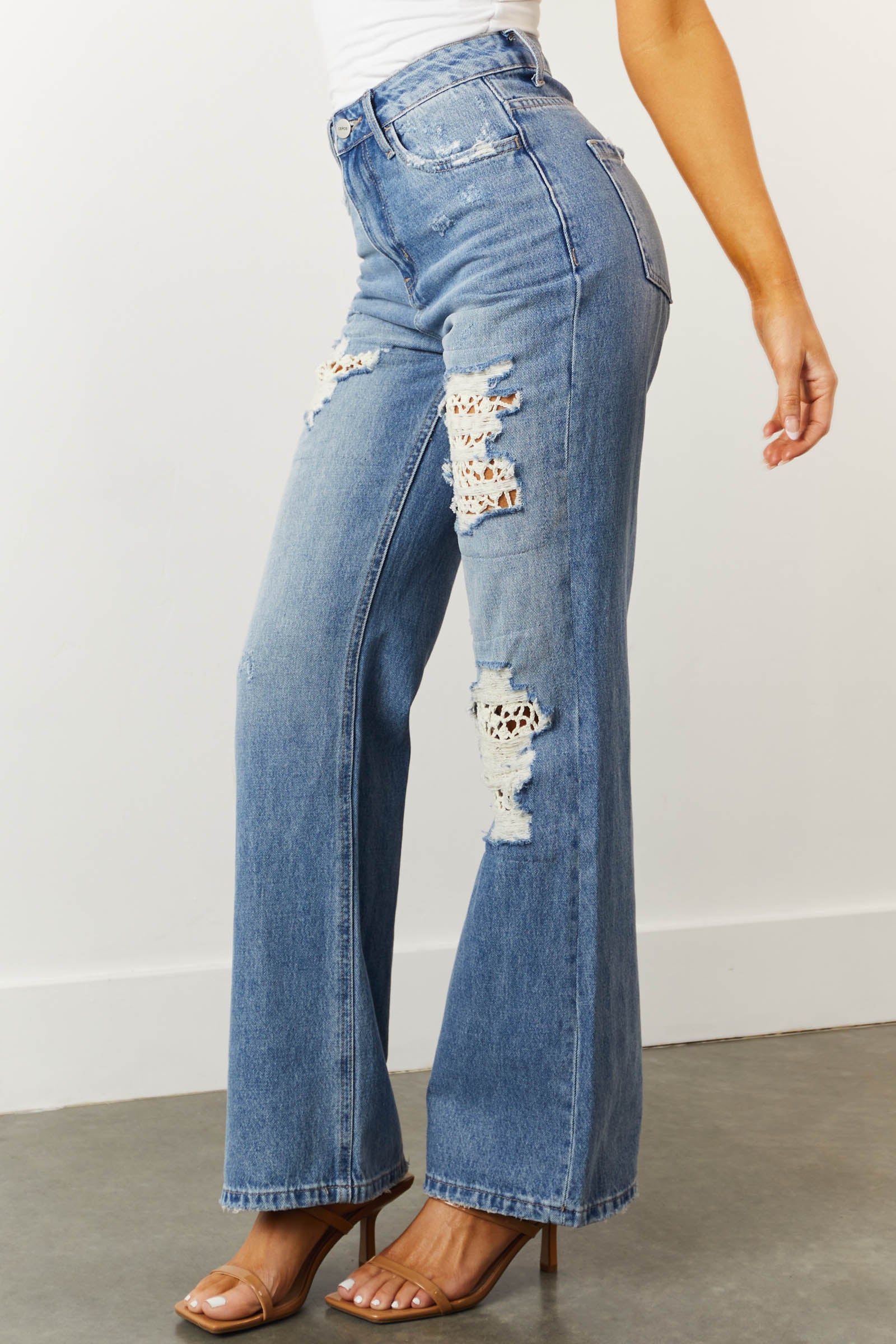 Ceros Medium Wash Distressed Lace Detail 90's Flare Jeans-Newayad