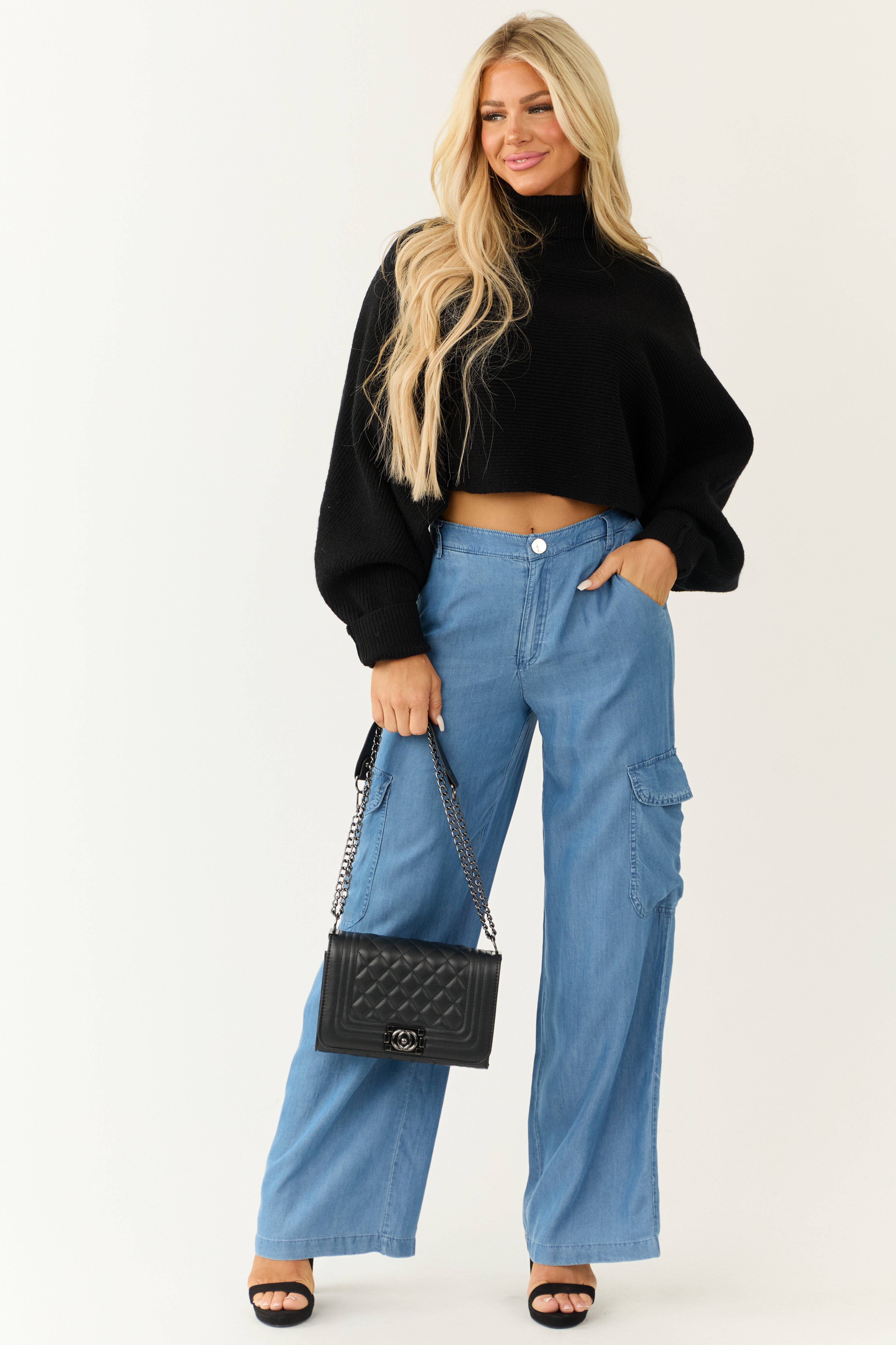 Medium Wash Wide Leg Cargo Lightweight Pants-Newayad