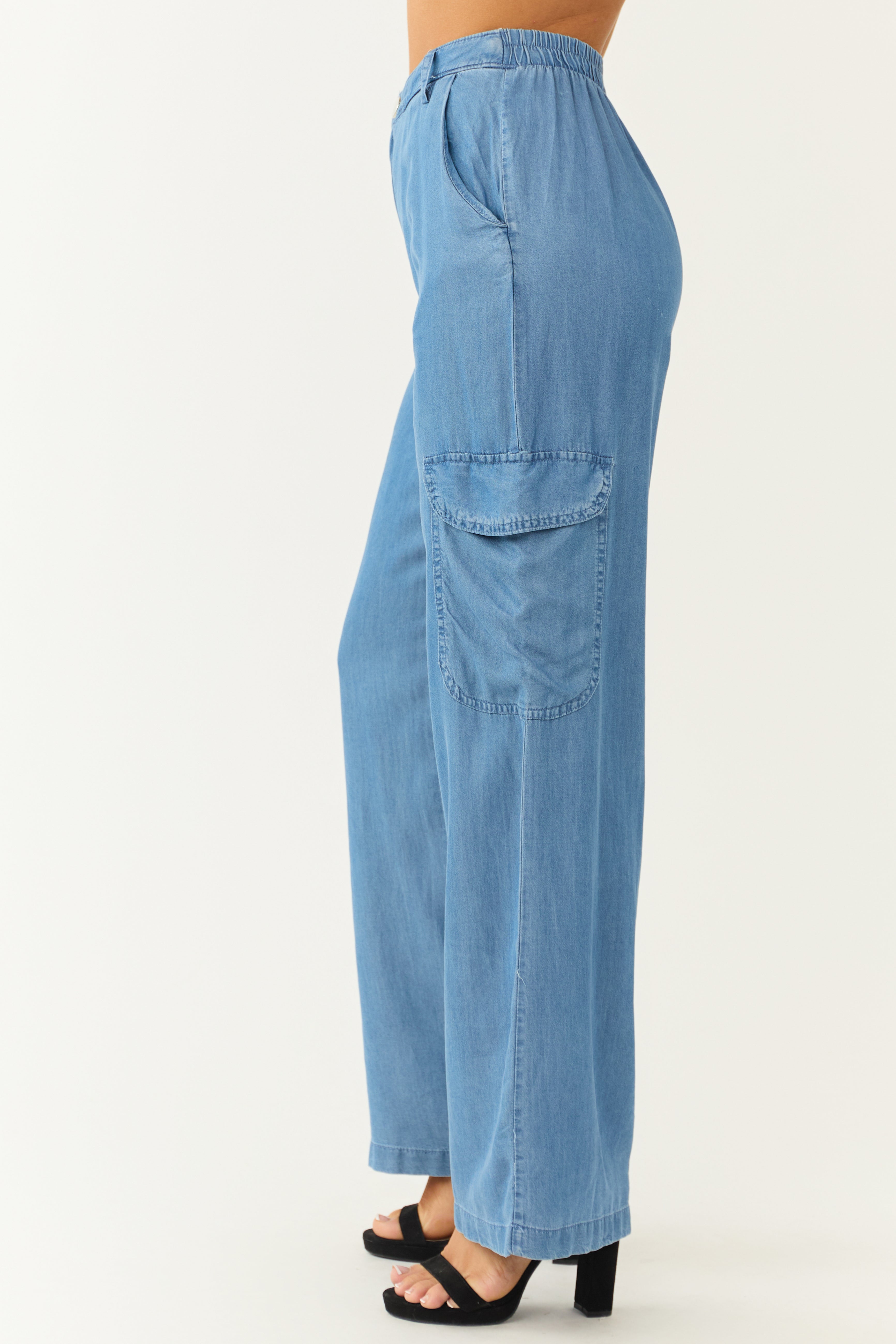 Medium Wash Wide Leg Cargo Lightweight Pants-Newayad