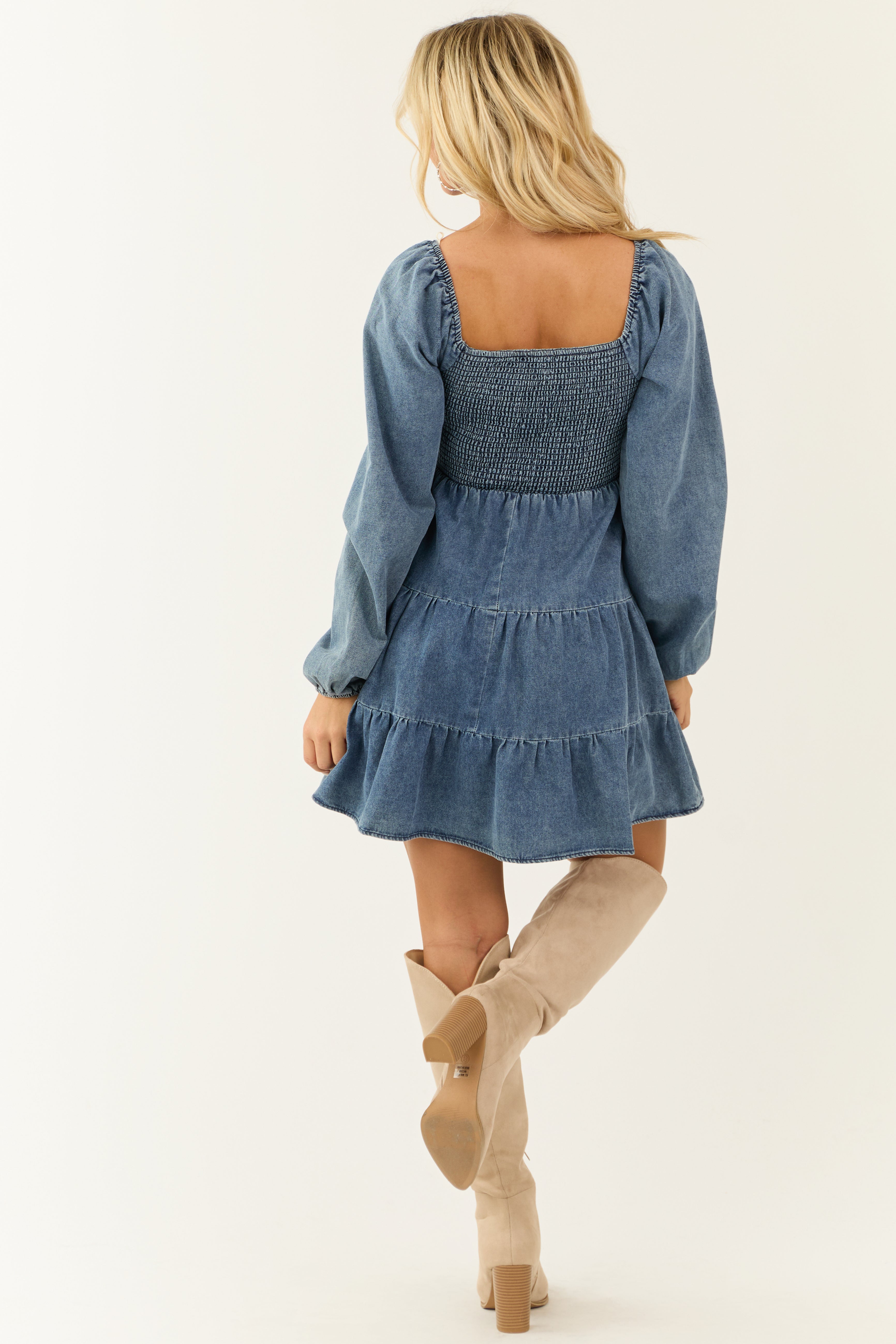 Medium Washed Denim Smocked Bodice Tiered Short Dress-Newayad