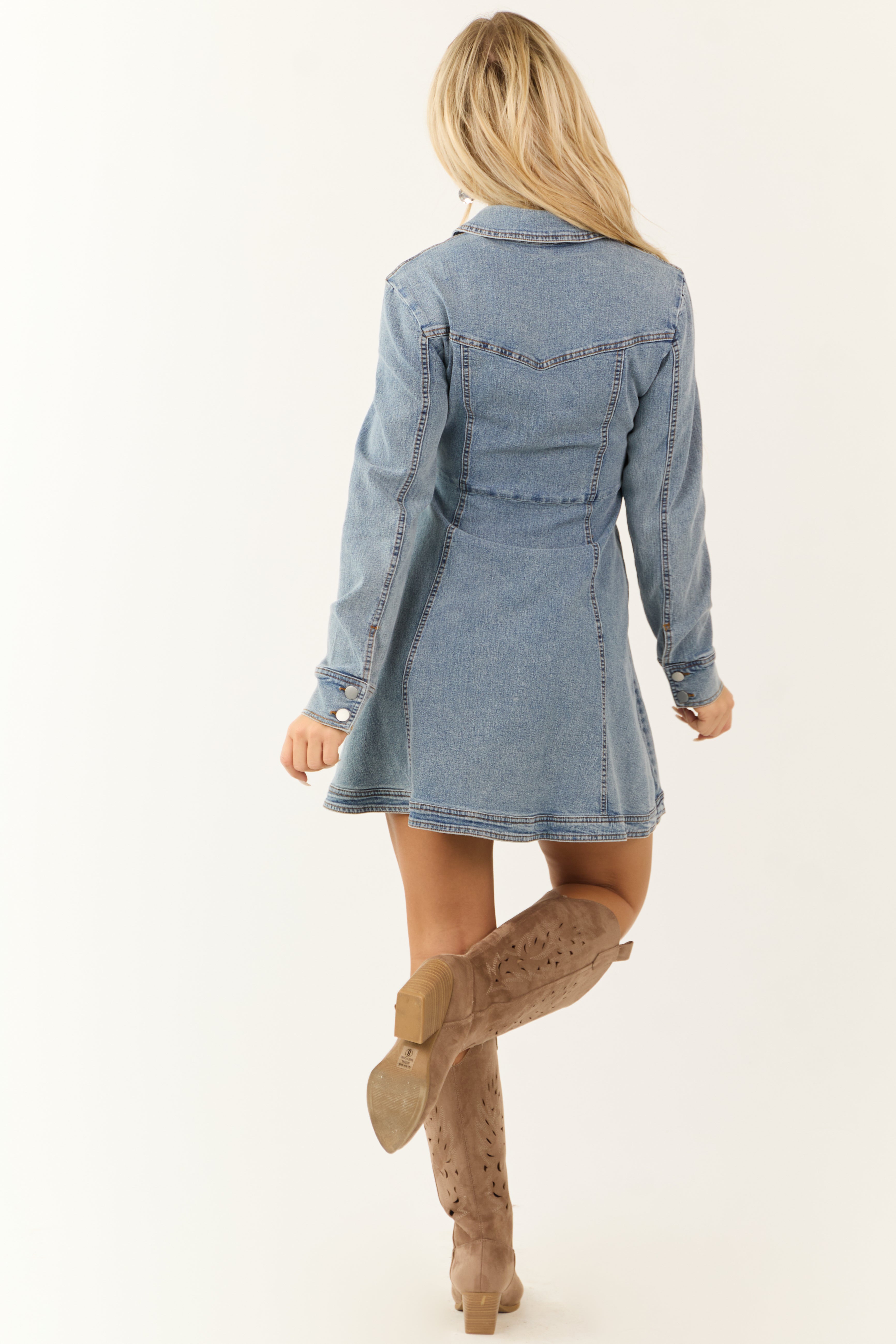 Medium Washed Denim Western Wrap Mini Dress-Newayad